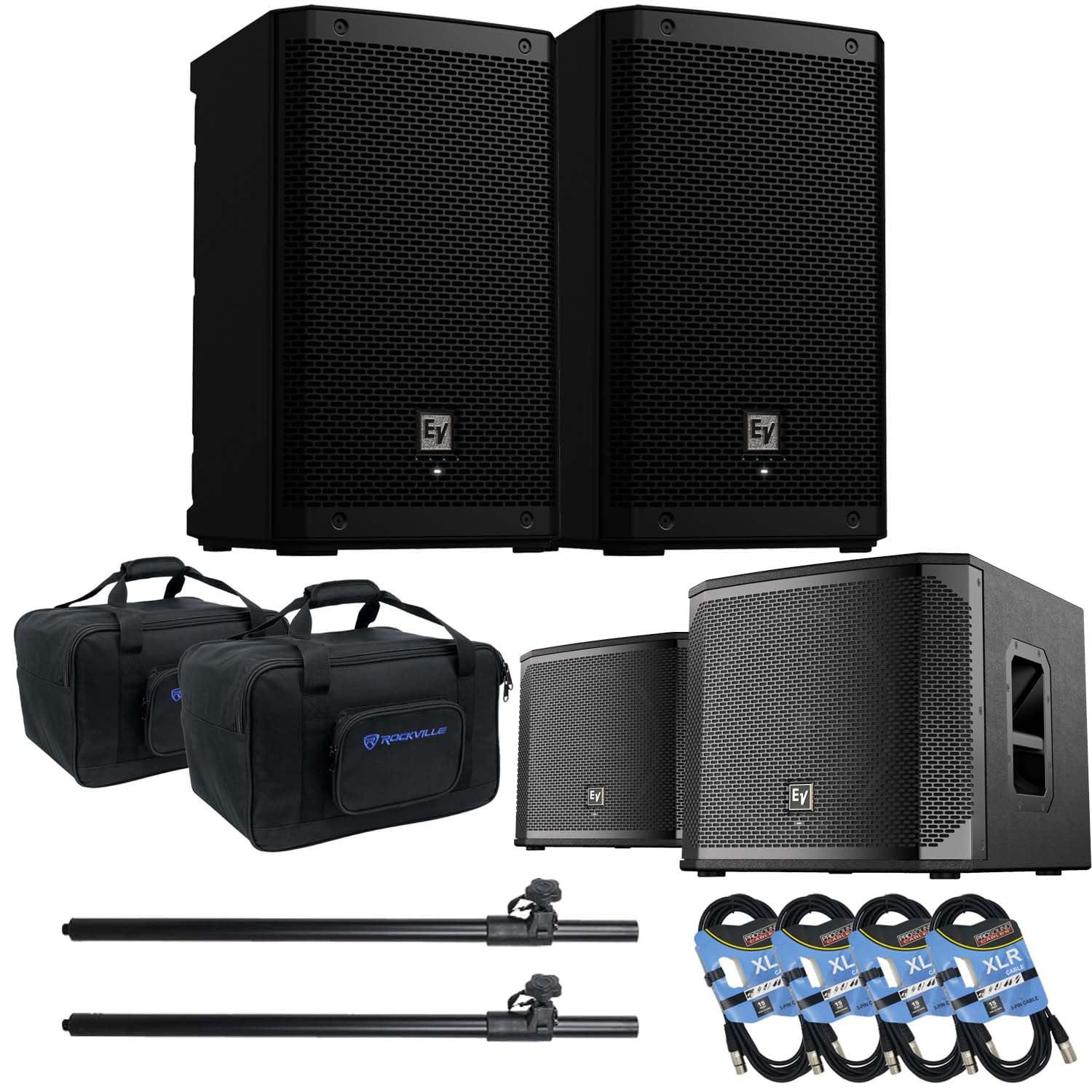 (2) Electro-Voice ZLX-8P-G2 8? 1000W Powered Speaker, (2) EV ELX200-12SP, (2) Rockville TB8 Bags, (2) Speaker Poles, (4) XLR Cables Bundle