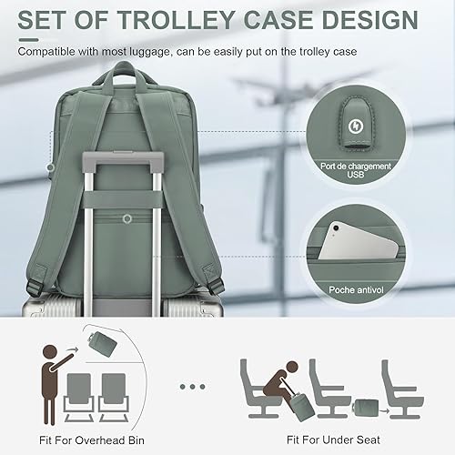 Miniatura 6 de WONHOX Mochila grande de viaje para laptop para mujer, mochila de mano aprobada por aerolíneas, Verde, Mochilas de viaje