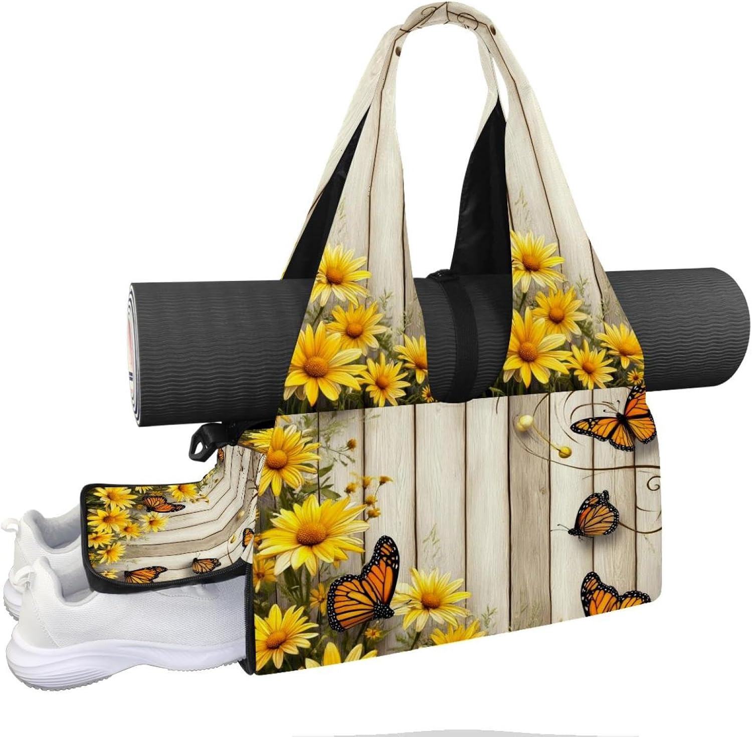 Yoga Mat Bag, Gym Workout Bag with Shoe Compartment, Farm Daisy Floral Pilates Bag for Women, Quick Access Storage Yoga Tote Bag for Sports Travel Office