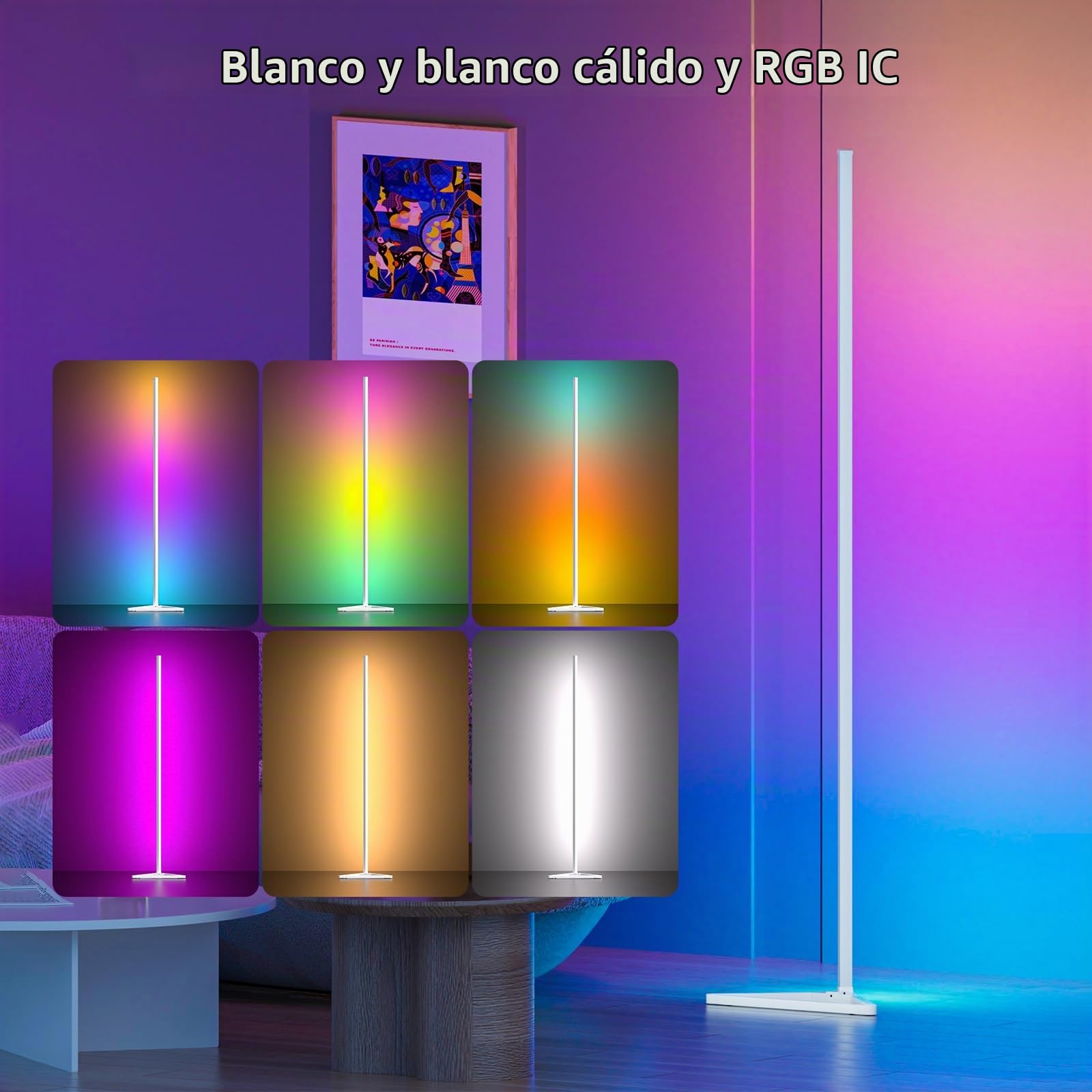 Lámpara de pie de esquina blanca, lámpara de esquina LED RGB inteligente con aplicación y control remoto, 16 millones de colores y más de 68 escenas, sincronización de música, ajuste de