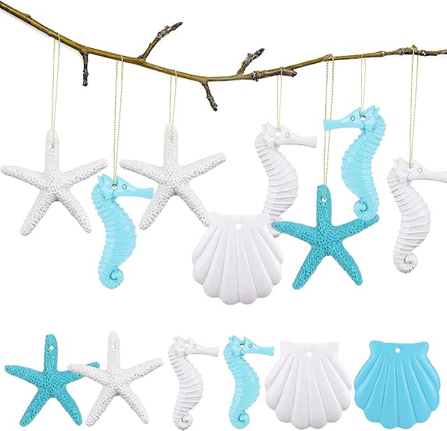 30 Pieces Resin Starfish Ornaments Wall Decor Artificial Pencil Finger Starfish Seahorse Seashells Ocean Themed Hanging Decoration with Rope for Christmas Beach Wedding Party Decor DIY Craft