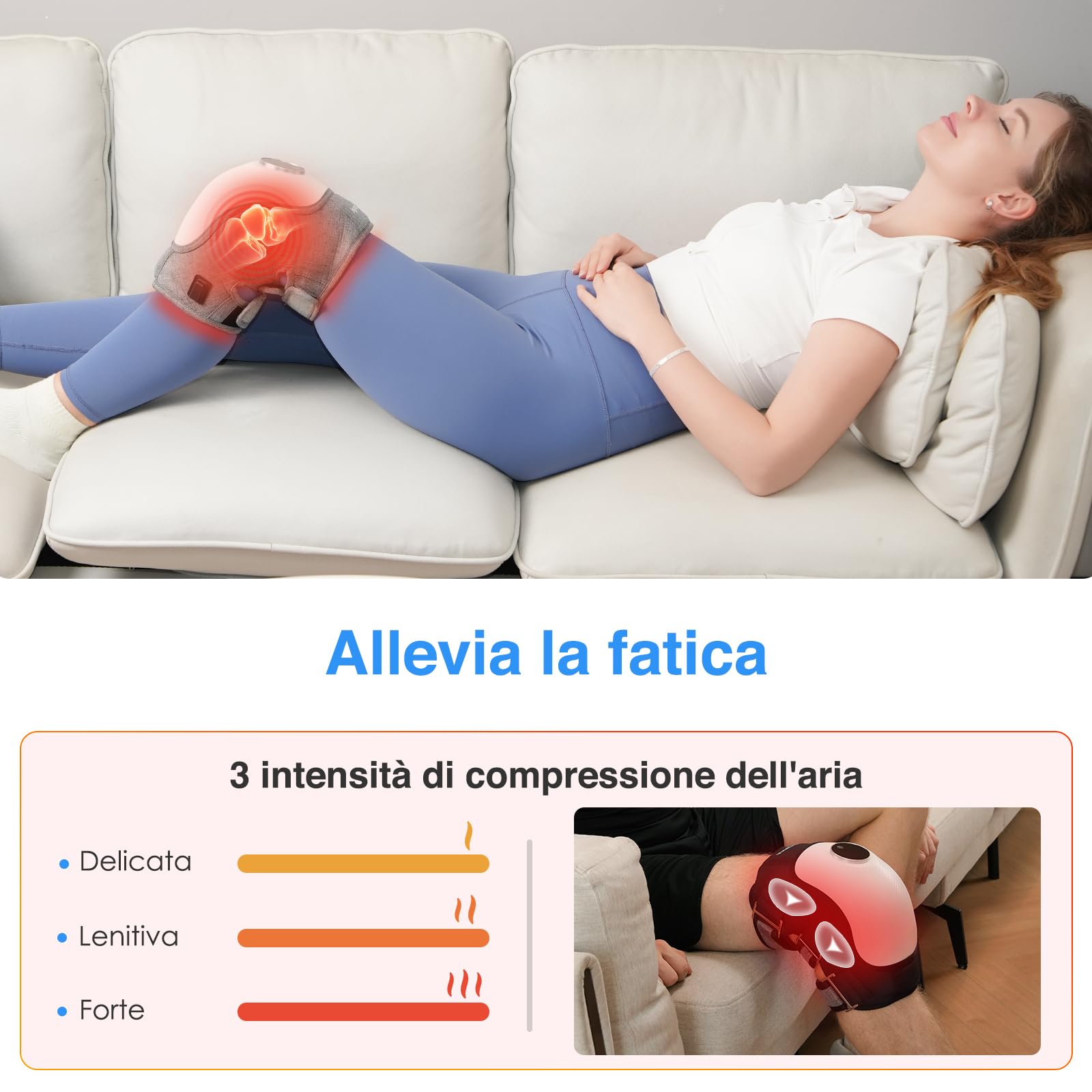 Massaggiatore Ginocchio Terapia Calore e Vibrazione，3 Livelli Calore | Sollievo Rapido dal Dolore, Ginocchiera Elettrica Wireless, Compressione Aria e Batteria 5000mAh, 3 Modalità Massaggio