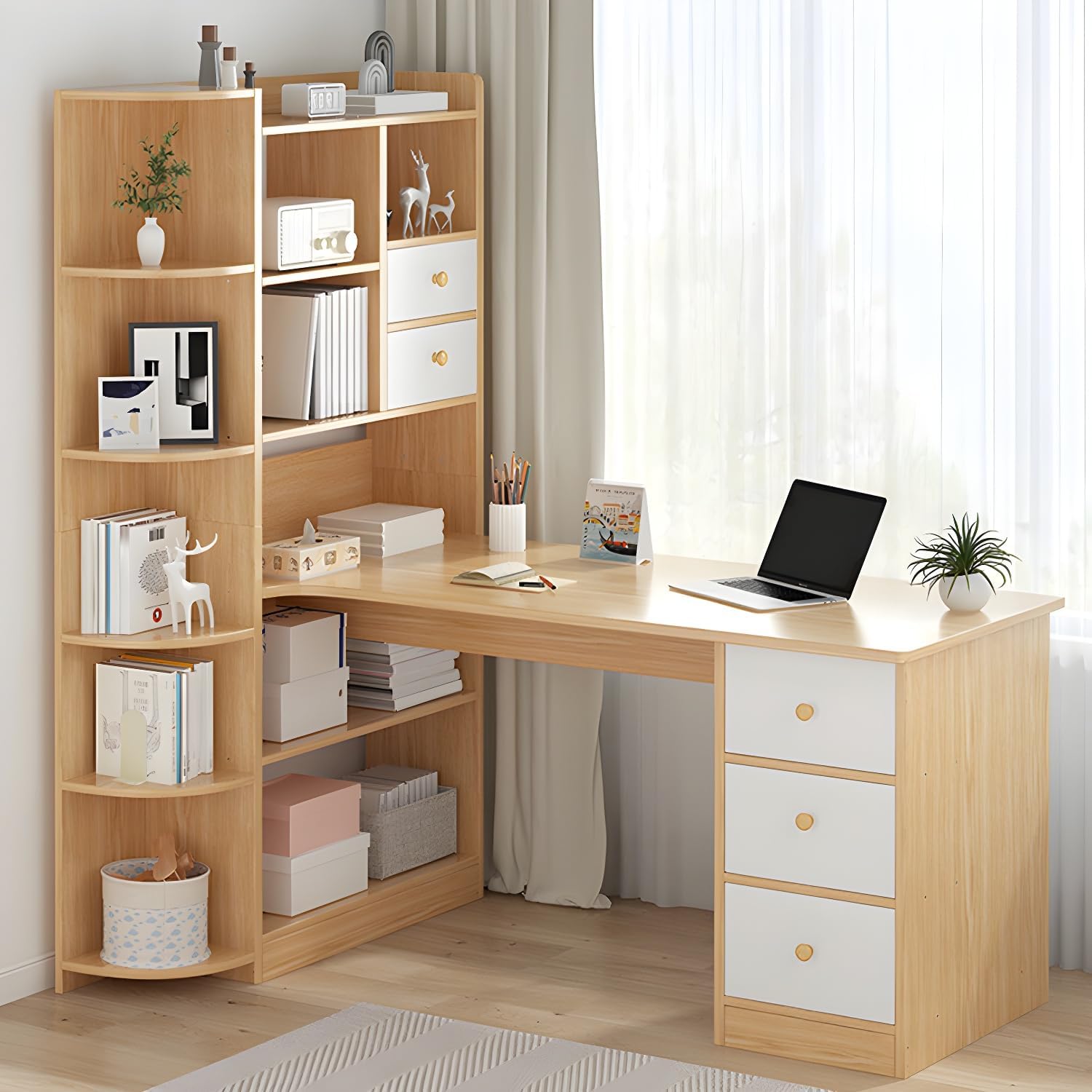 LITFAD Stylish Credenza Desk with Wood Pedestal Base and Exterior Shelving L-Shape Computer Desk Office Desk for Office Home - Without Chairs Natural 47" L x 28" W x 57" H