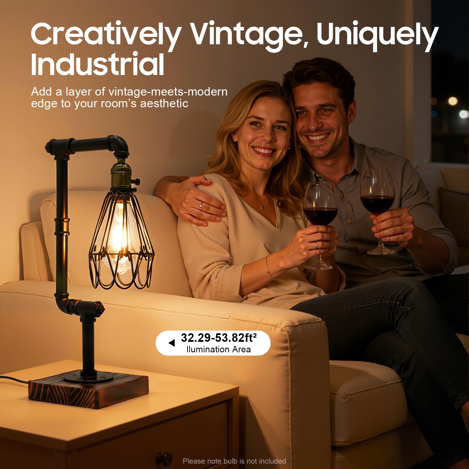 Lampada da tavolo industriale, lampada da scrivania retrò, lampada tubolare E27, lampada da comodino, in ferro, legno, nero, 12 W, design vintage, cavo da 1,8 m, con interruttore, per camera da letto