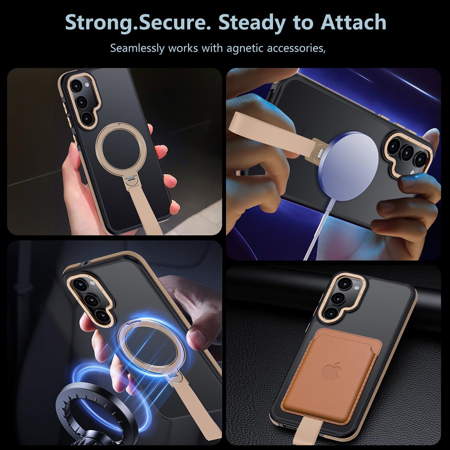 360°Spin Magnetic Stand with Silicone Strap for Samsung Galaxy S24 Case [Fit for MagSafe], Mil-Grade Shockproof Translucent Slim Phone Case with Kickstand&Ring Holder for S24 (Desert Gold)