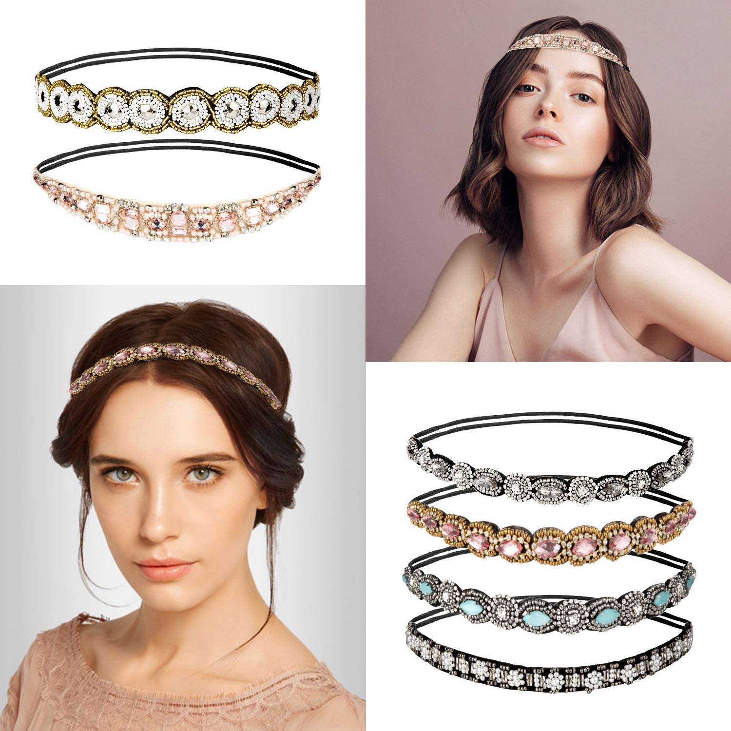 6 Fasce Elastiche Con Strass Per Capelli - Accessori Bohemien Per Donne E Ragazze | Regolabili Per Feste E Matrimoni - Foto 3
