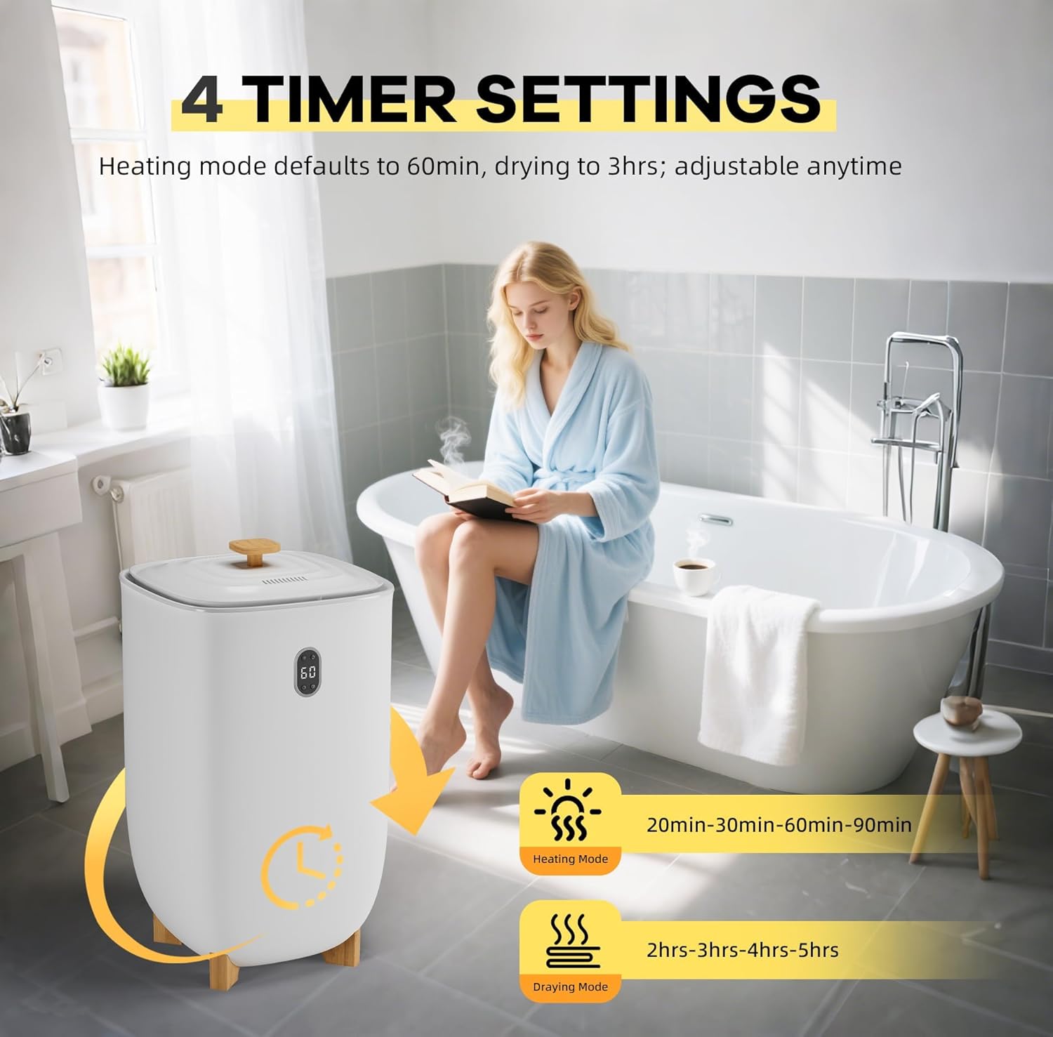 CABIHOME 35L Towel Warmer with Heating & Drying Modes – LED Display, Timer & Auto Shut Off, Compact Bucket for Home & Spa Use