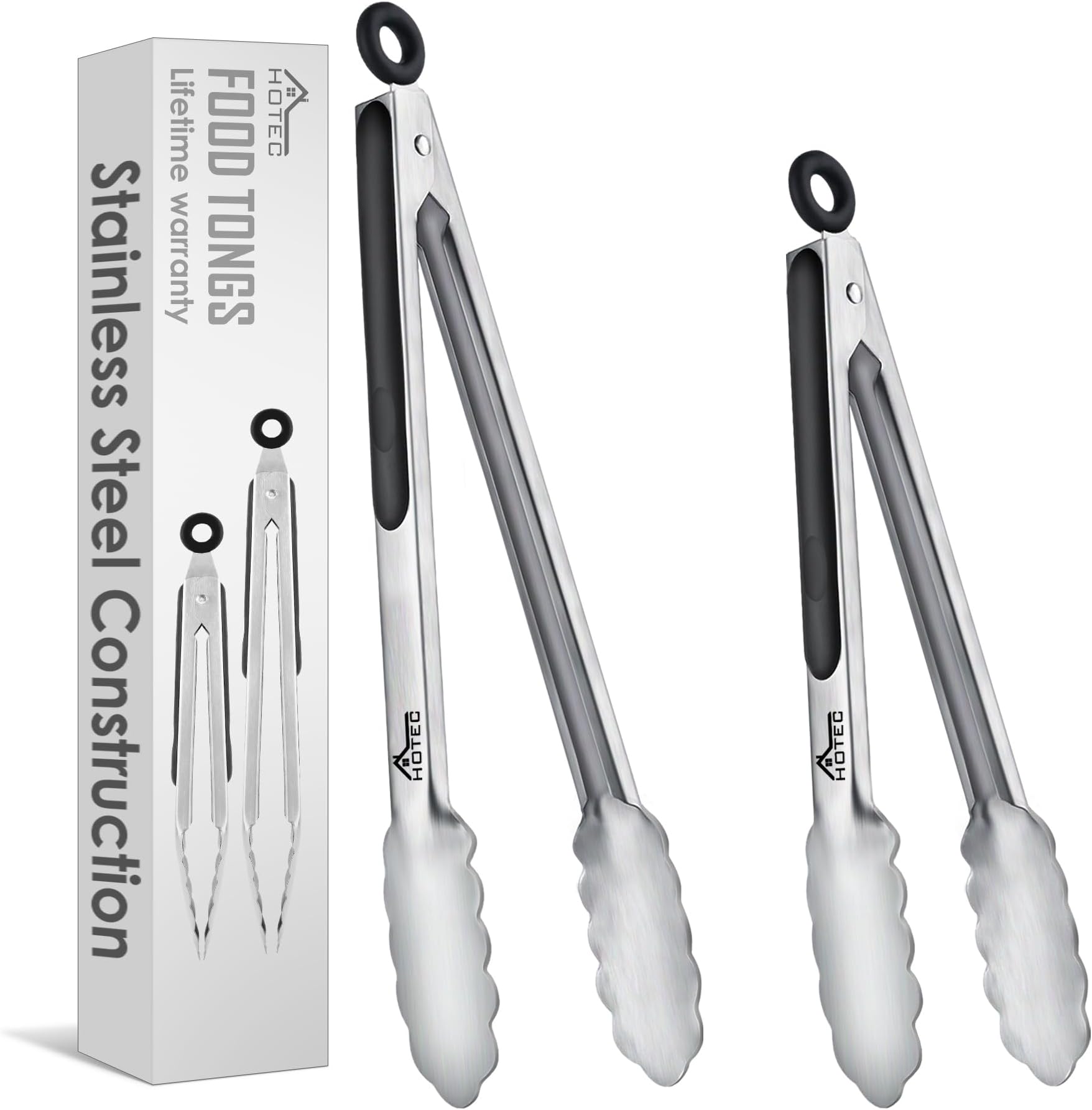 HOTEC Premium Stainless Steel Kitchen Tongs Set of 2-9" and 12",Locking Metal Food Tongs Non-Slip Silicone Grip for Cooking, Baking, Grilling, Heat Resistant