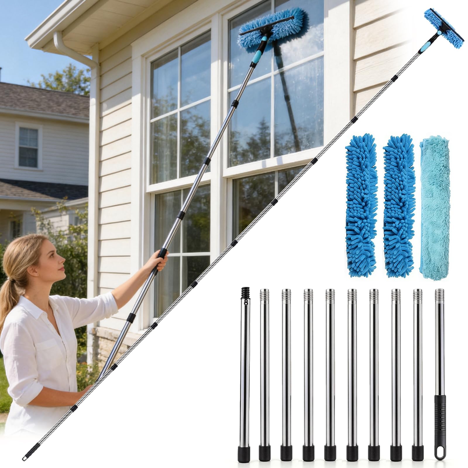 Limpiacristales Telescopico con Mango Extensible 390cm, Rasqueta Limpiacristales con 2 Cuchillas, Limpia Cristales Ventanas para Baño, Ventana, Coche