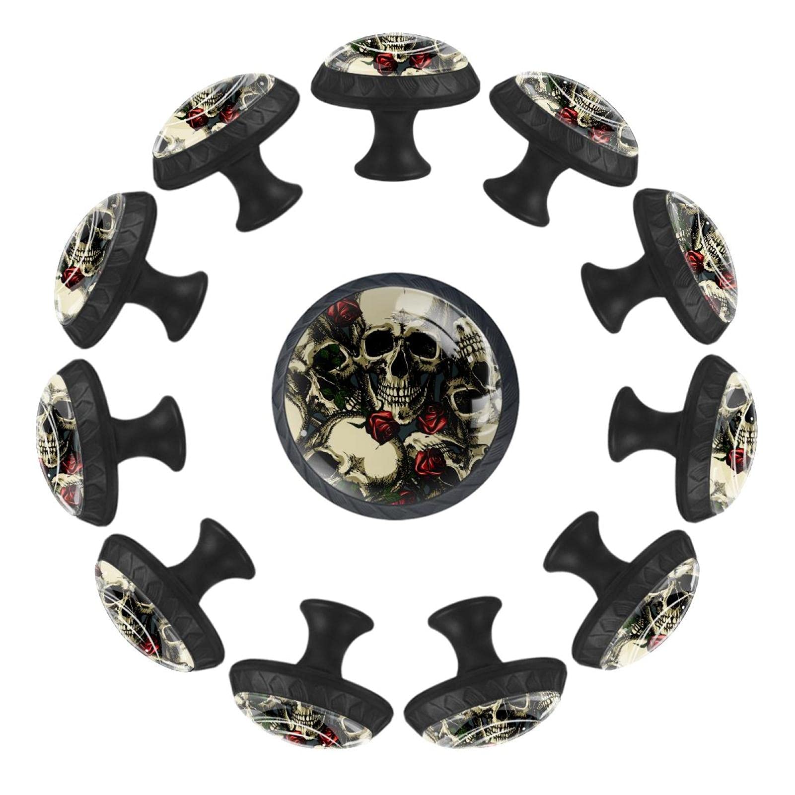 Boutons de tiroir têtes de mort au design rond avec rose rouge 35 mm