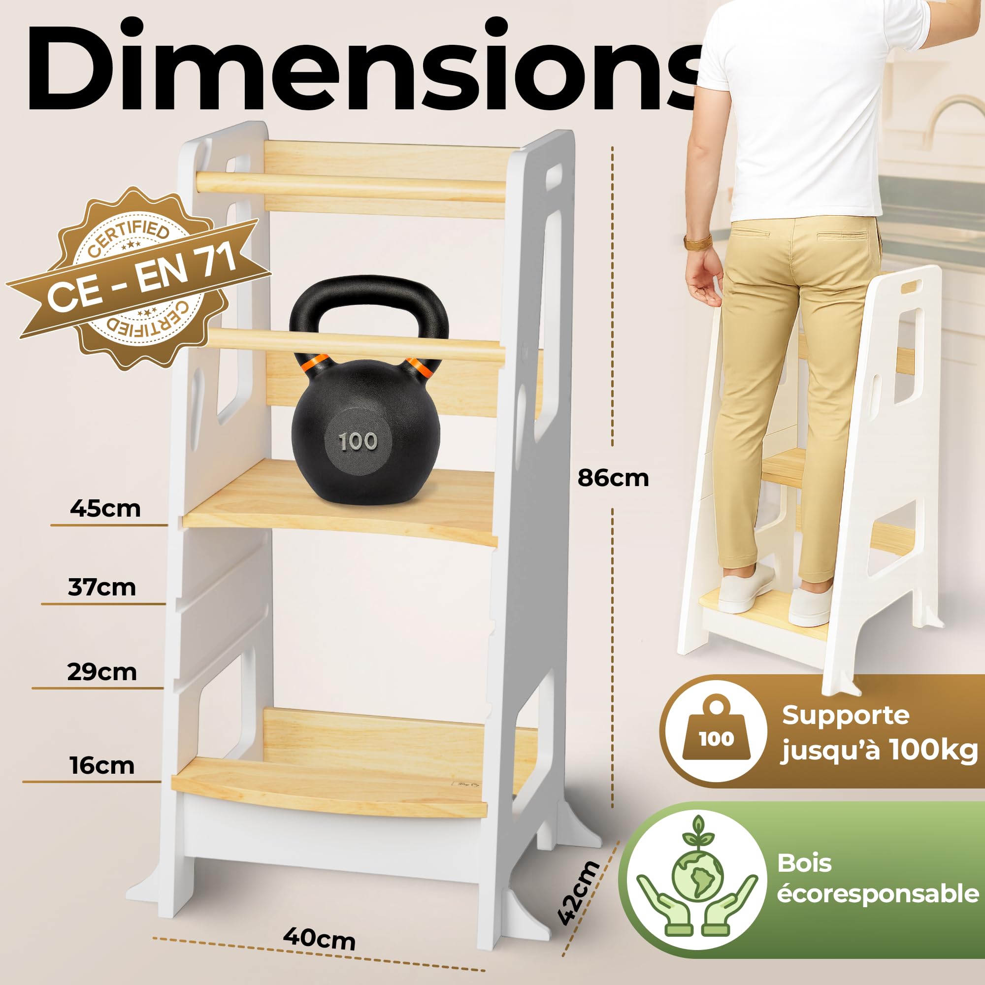 Bey&Co Tour d'Apprentissage Montessori en Bois – 3 Hauteurs Réglables, Surface Anti-Dérapante, Pieds Anti-Bascule – À Partir 12 Mois