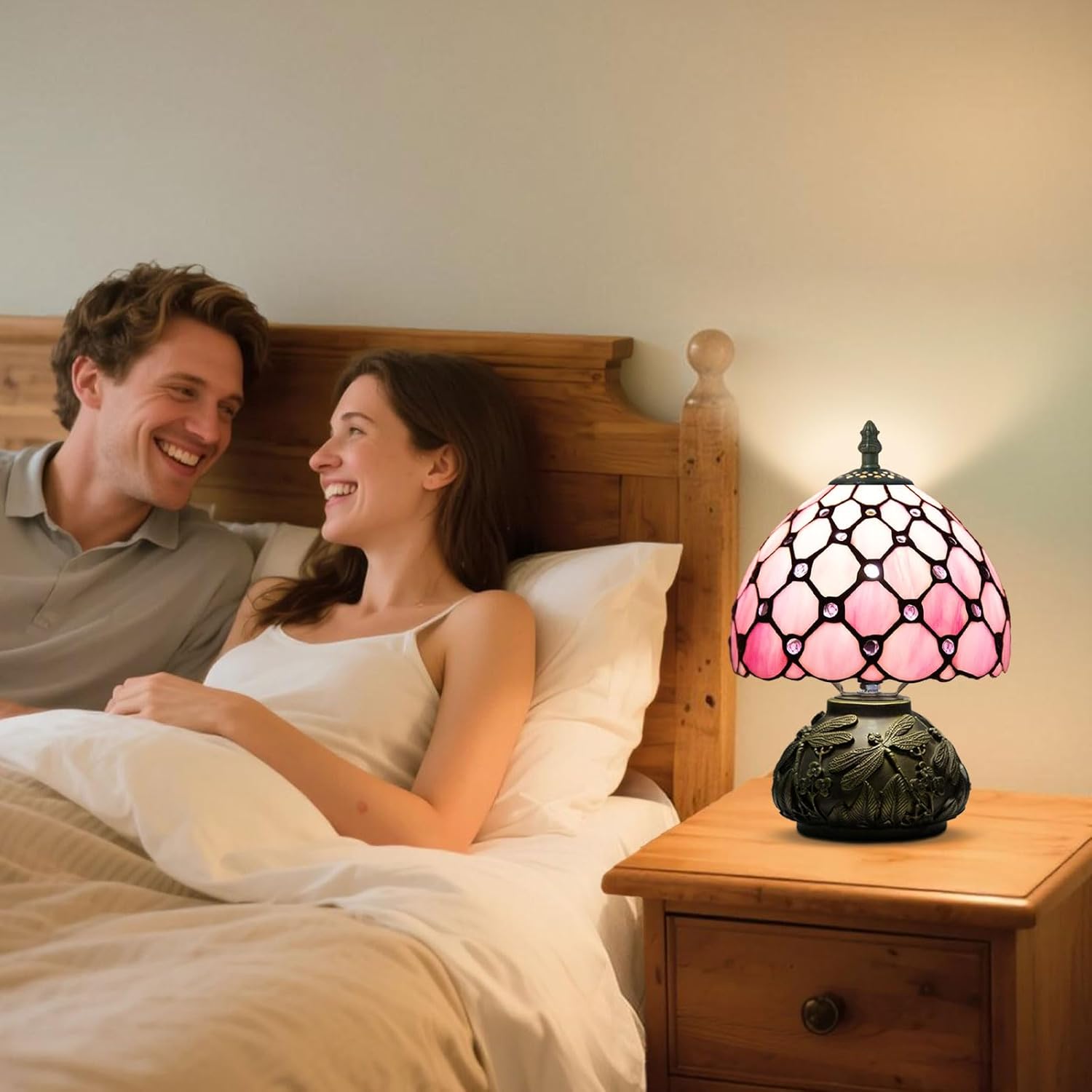 small tiffany table lamp,stained glass lamp,8 inch mushroom style mini vintage desk lights for bedside, bedroom,nightstand,living room,3 color temperature (pink)