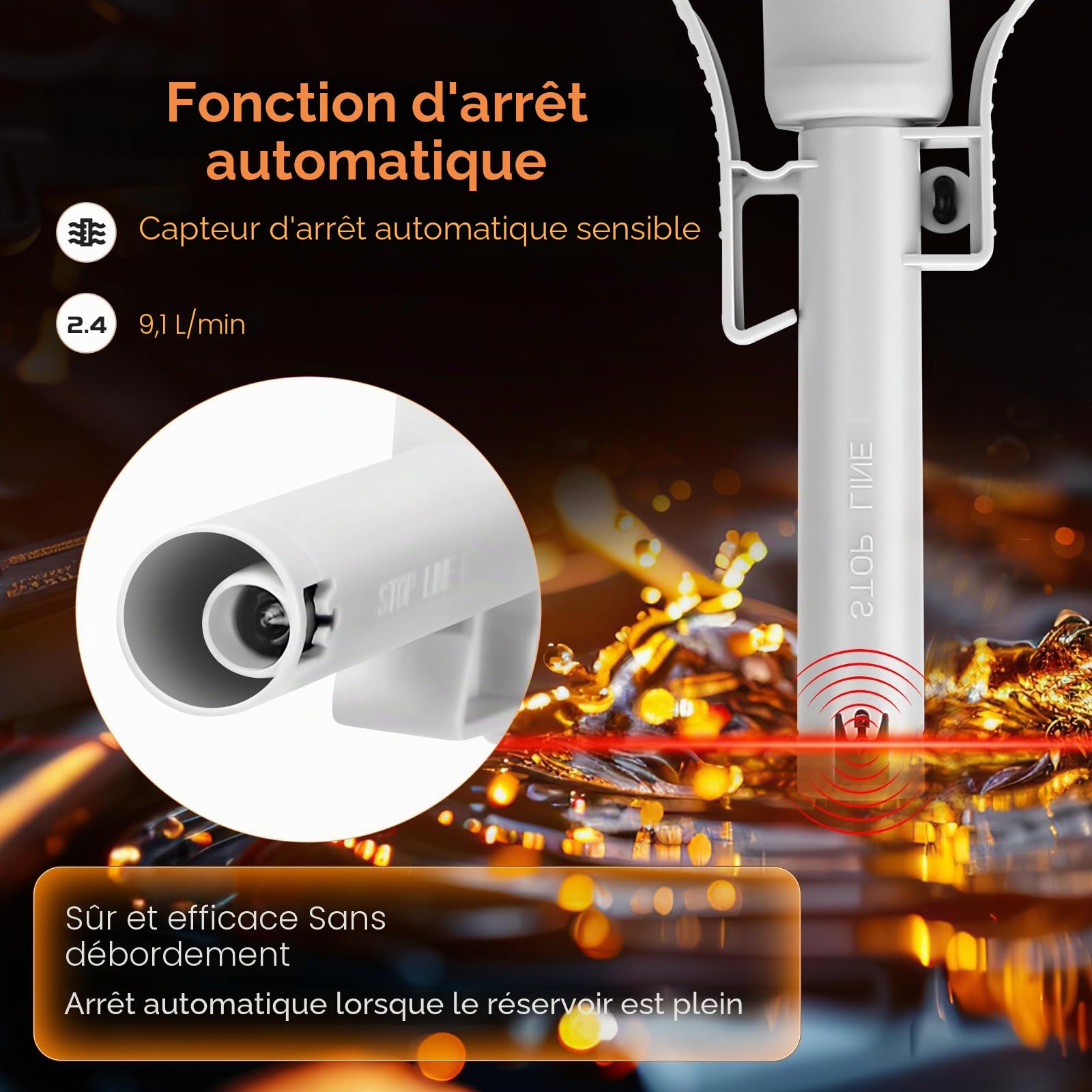 Pompe Carburant Électrique avec Stop Automatique - 2,4 GPM, 52" Pompe de Transfert Flexible Hose, Pompe de Transfert de Liquide avec Adaptateur 3 Tailles pour Huile,Essence, Diesel