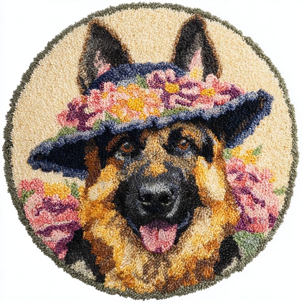 kitphoenix Round DIY Latch Hook Rug Kits German Shepherd 20X20Inch (50X50Cm) Easy for Beginners Round Carpet Crochet Yarn Craft Large Rug Hook and Latch Tapestry for Home Decor