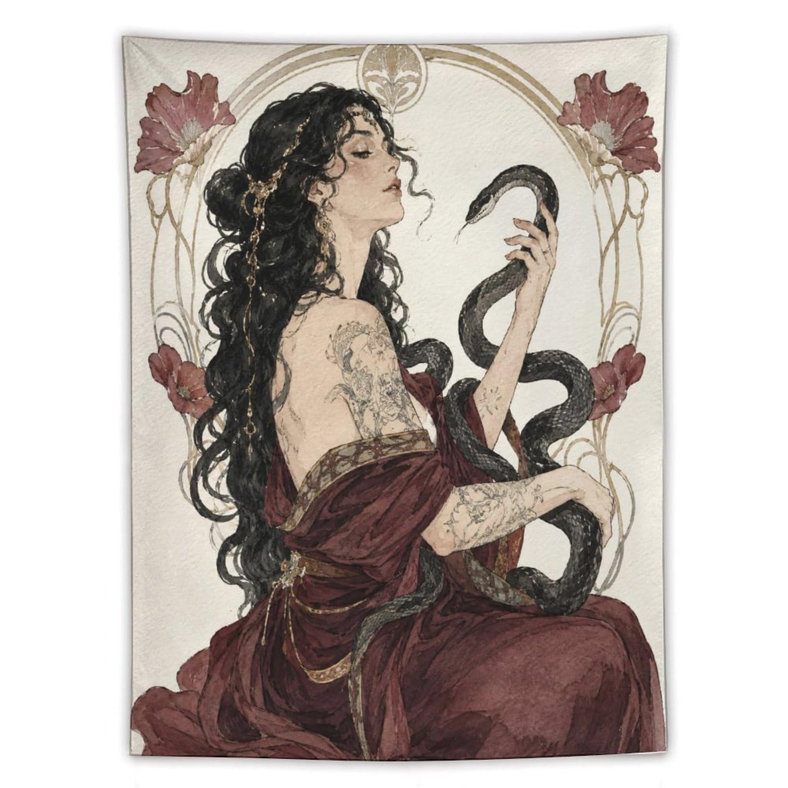H3B8U2Y5 Snake Goddess with Black Serpents Wall Tapestry, Art Nouveau, Bed