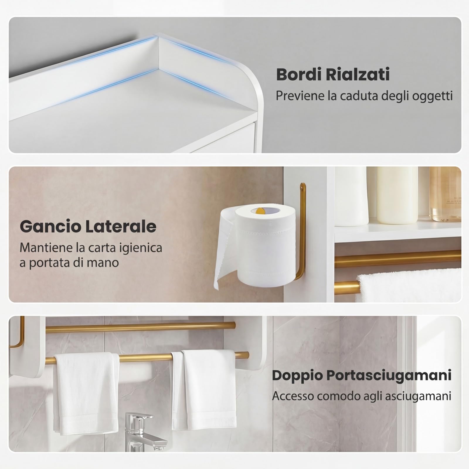 COSTWAY Armadietto Bagno Sospeso, Mobile da Bagno da Parete con Ripiano Regolabile, Scomparto Aperto, 2 Portasciugamani e Gancio Laterale, Pensile Salvaspazio per Cucina, 55 x 20 x 80 cm (Bianco)