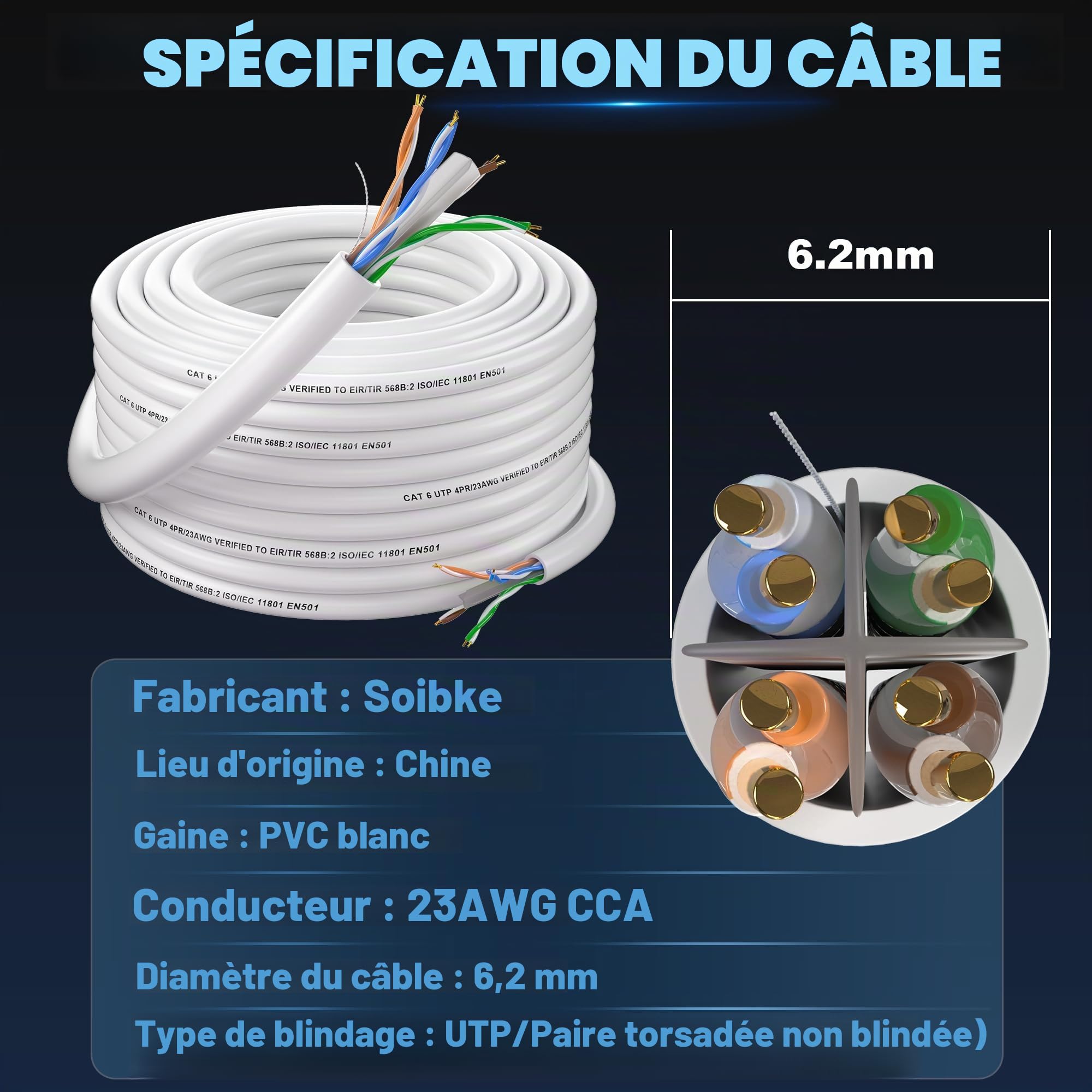 Soibke Cable Ethernet 50m, Cat 6 Rj45 Câble Réseau 50 Mètres Blanc Exterieur Haut Debit Fibre, Gigabit Installation Cable Internet 23AWG UTP Impermeable Cable LAN pour Routeur Modem