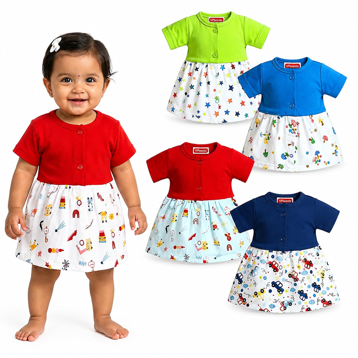 Knee-Length Half Sleeves Cotton Frocks for Baby Girls, Round Neck A Line Mini Short Dress for Kids-image-47