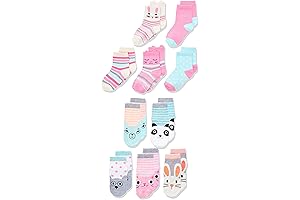 Girls' Quilted Non-Skid Crew Socks, 10-Pairs