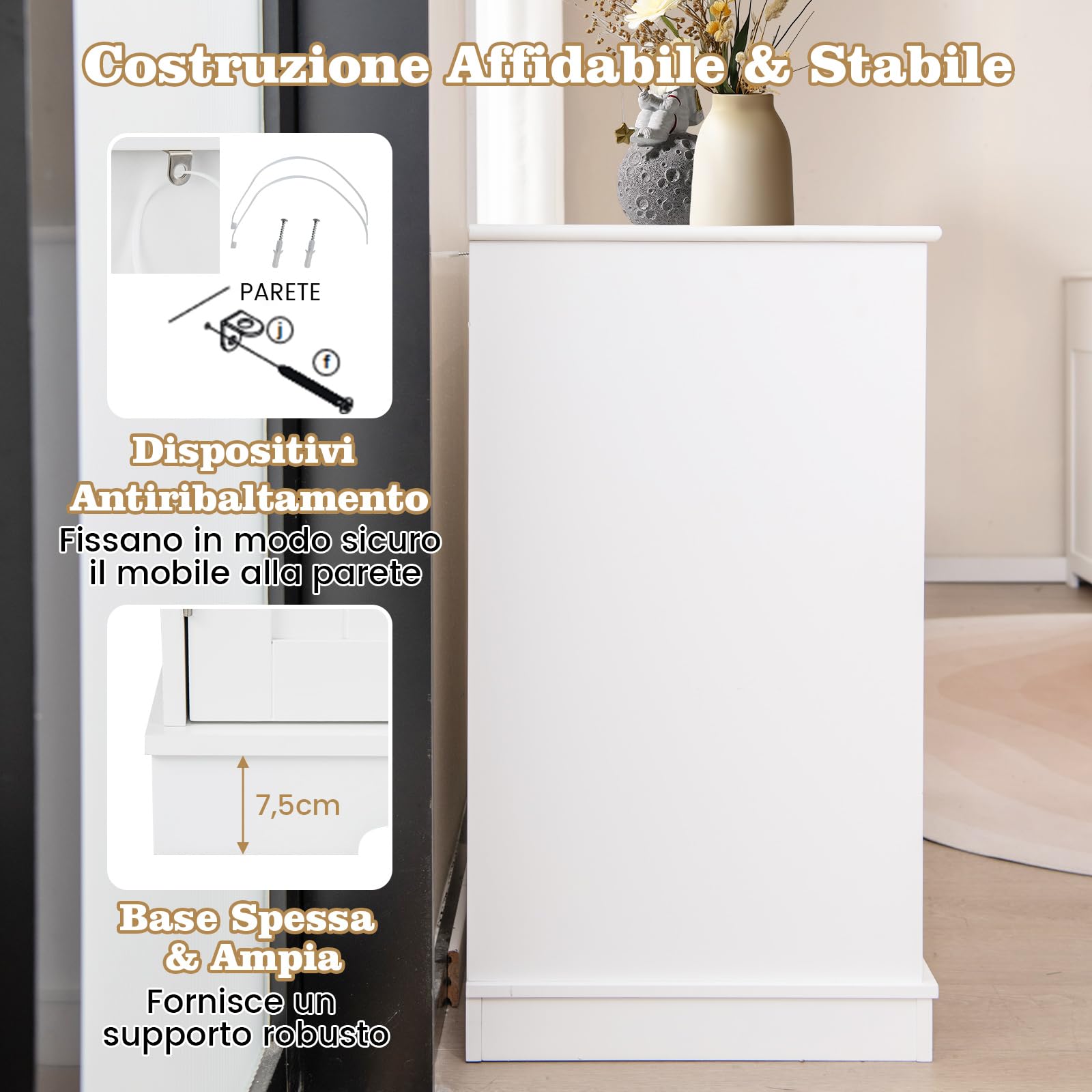 COSTWAY Lettiera Nascosto per Gatti con 2 Cassetti e 3 Porte, Bianco | Mobile Laterale per Gatti con Dispositivi Anti-Ribaltamento e Armadio Moderno per Animali Domestici