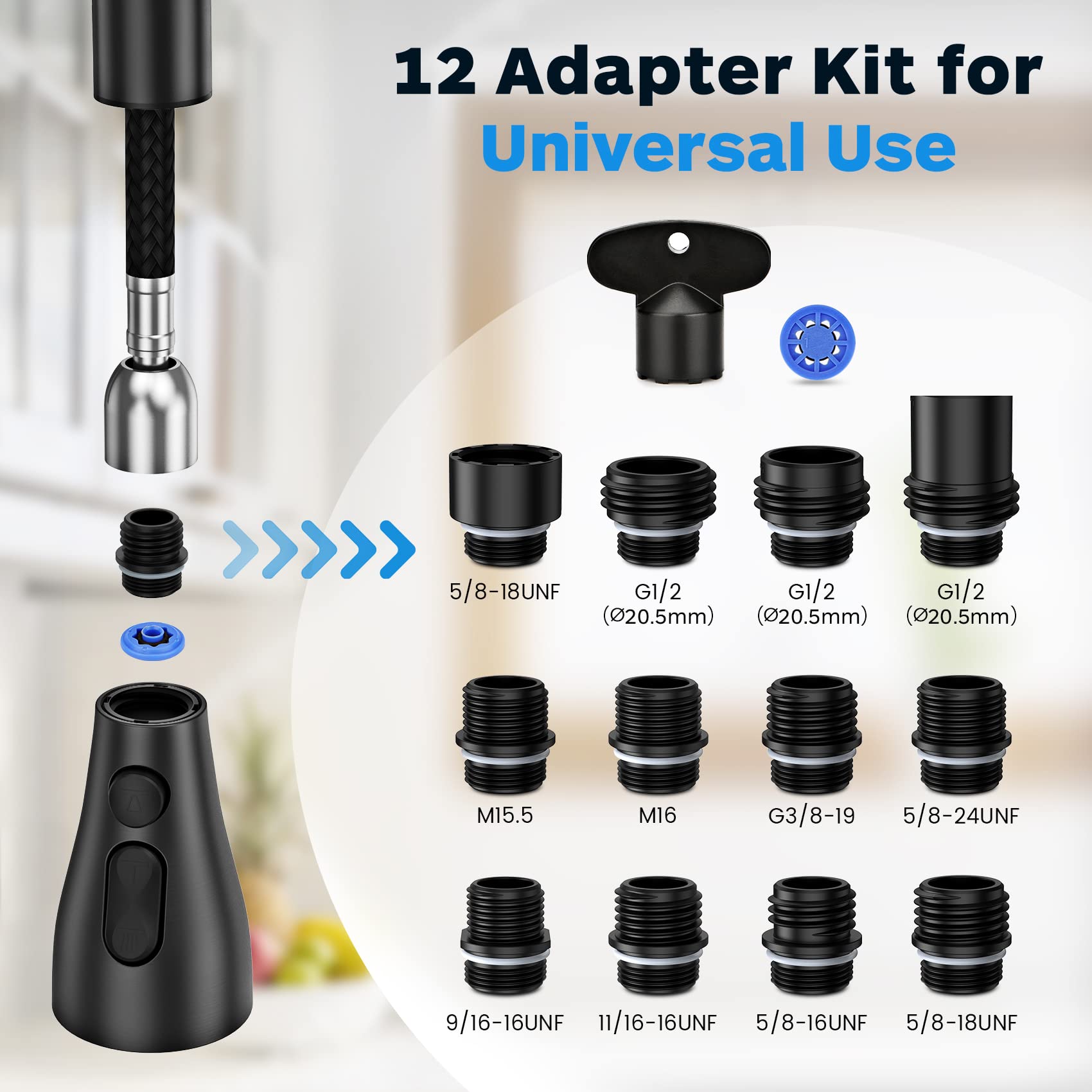 Universal Kitchen Faucet Head Replacement, 3 Modes, 15 Adapter Kit, Chrome | NSF/ANSI/CAN 372 Certified, Compatible with Kohler/Moen/Delta Faucet, 3 Function Pull Down Sink Faucet Spray Head G1/2 Universal Kitchen Faucet Head Replacement, 3 Modes, 15 Adapter Kit, Chrome | NSF/ANSI/CAN 372 Certified, Compatible with Kohler/Moen/Delta Faucet, 3 Function Pull Down Sink Faucet Spray Head G1/2