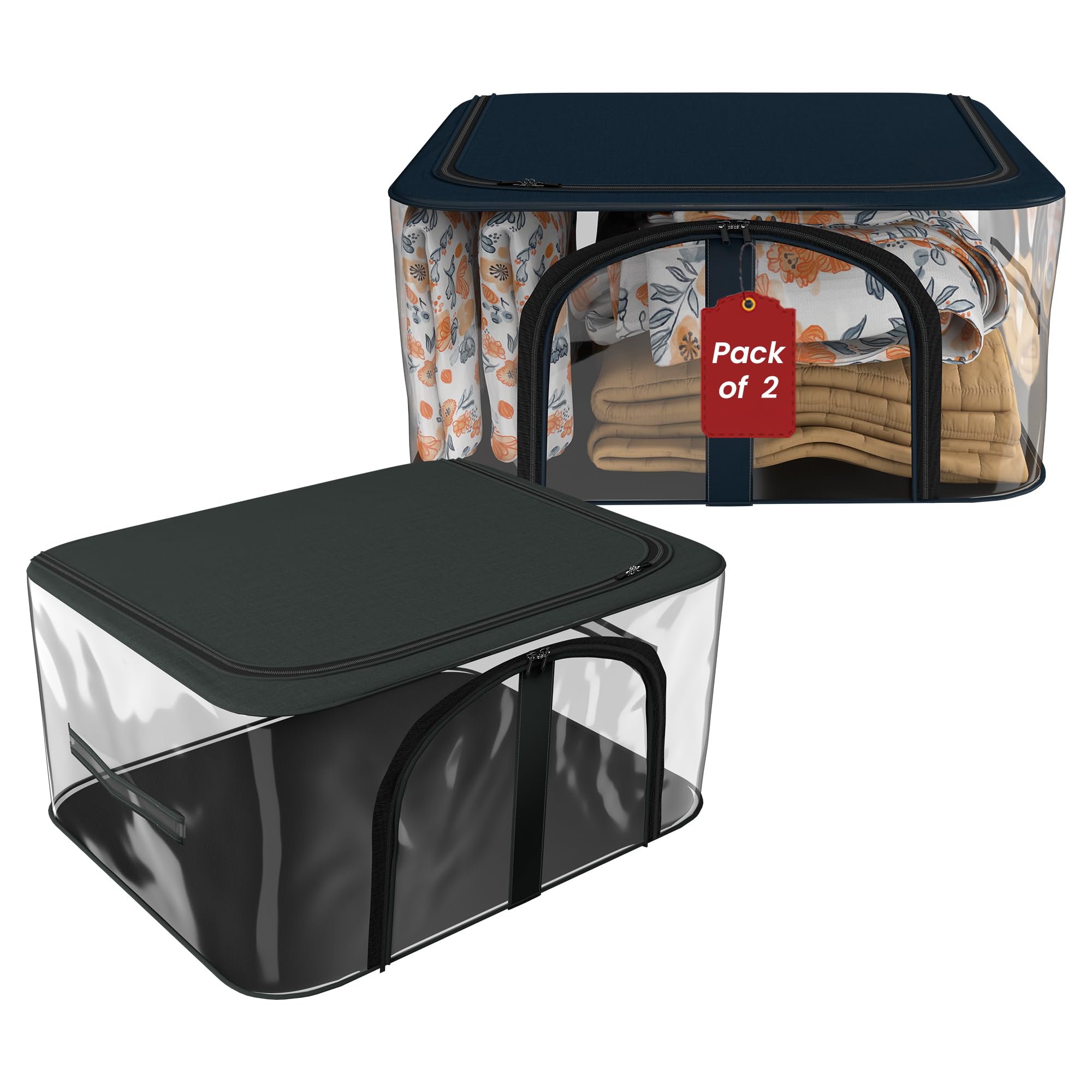 Kuber Industries Pack of 2 Pvc Transparent Zip Lock Saree Organizer for Wardrobe with Handles | Dress Storage Bag for Lehenga, Gown & Shawl |Clothes Organiser for Storage | Navy Blue & Dark Grey