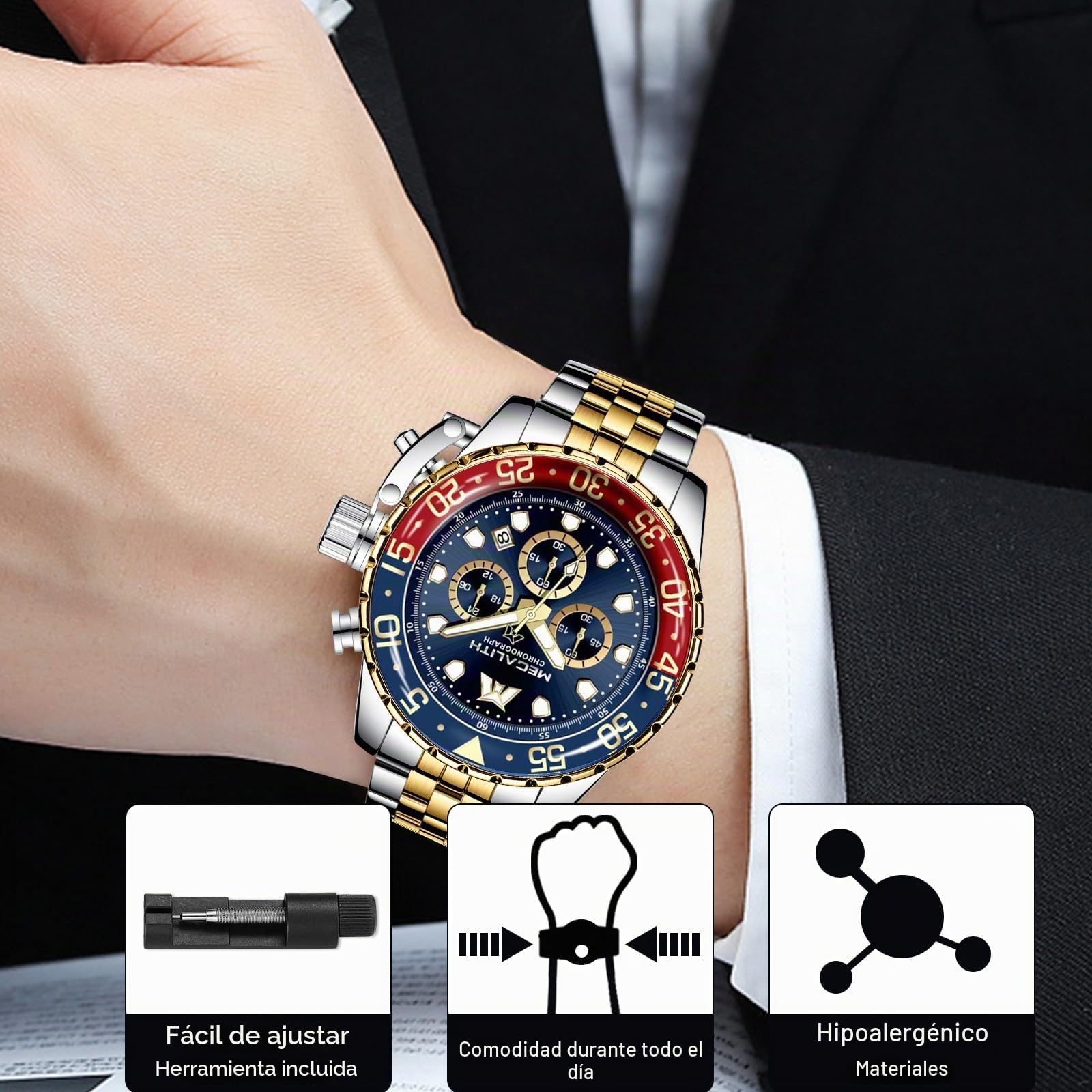 MEGALITH Reloj Hombre Acero Inoxidable Relojes Hombre Analogico Grande Reloj de Pulsera Cronografo Hombre Impermeable Elegante Negocios Cuarzo Fecha Luminosa