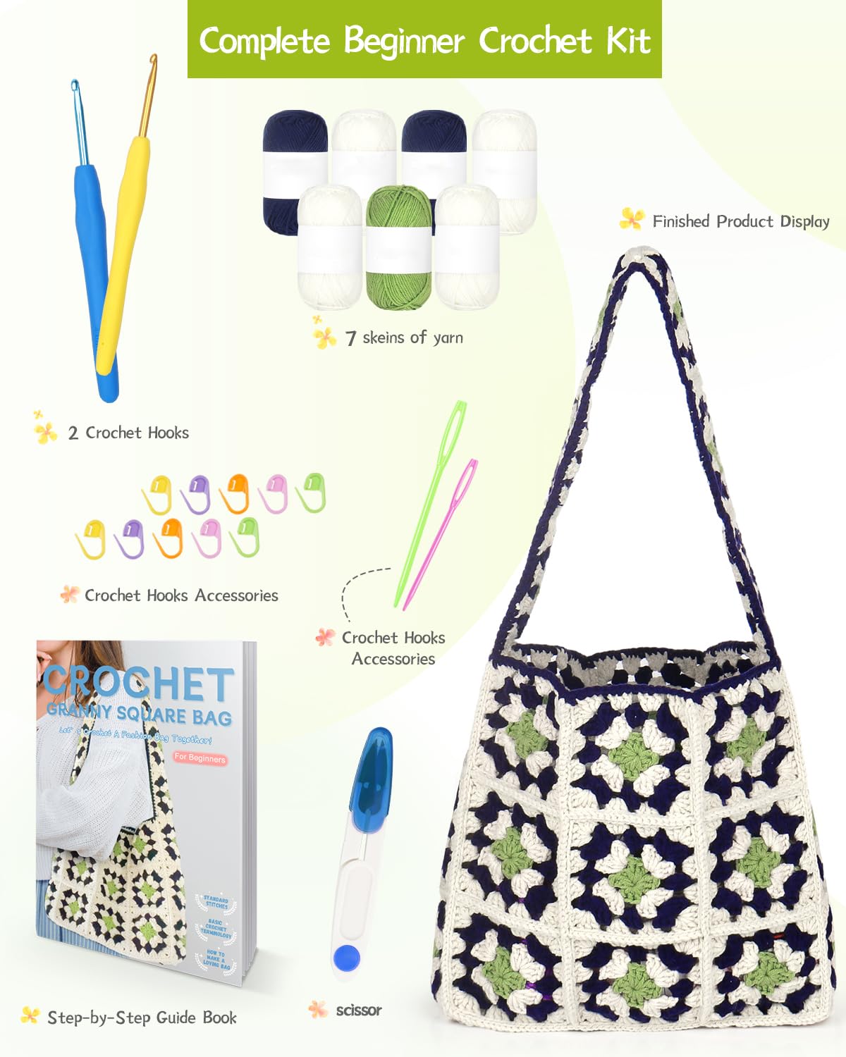 Reessy Crochet Kits for Beginners Adults Granny Square Crochet Bag Kit, Crochet Starter Kit with Step-by-Step Instructions - Image 2