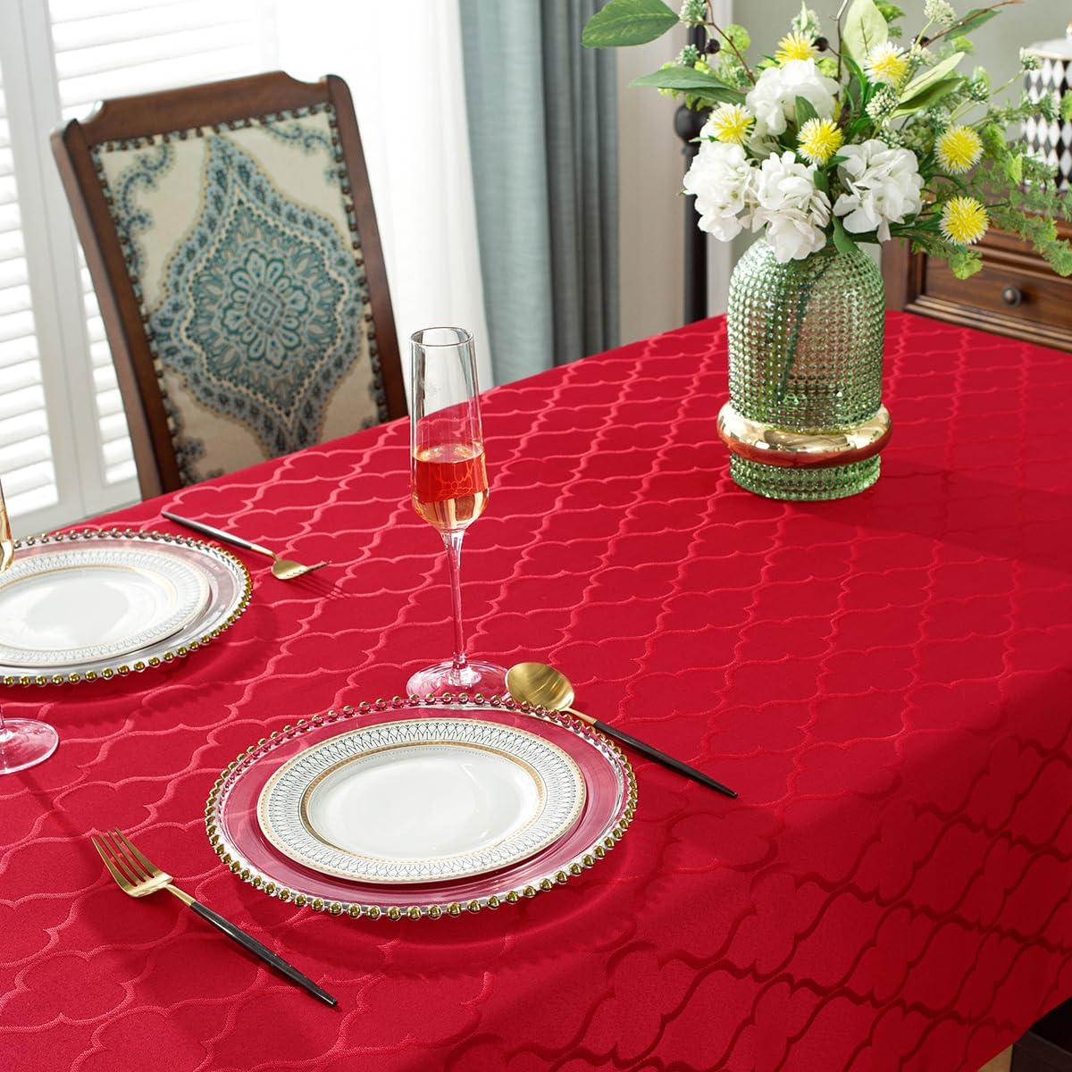 SASTYBALE Jacquard Tablecloth Flower Pattern Polyester Table Cloth Spill Proof Dust-Proof Wrinkle Resistant Table Cover for Kitchen Dining Tabletop (Red - Image 4