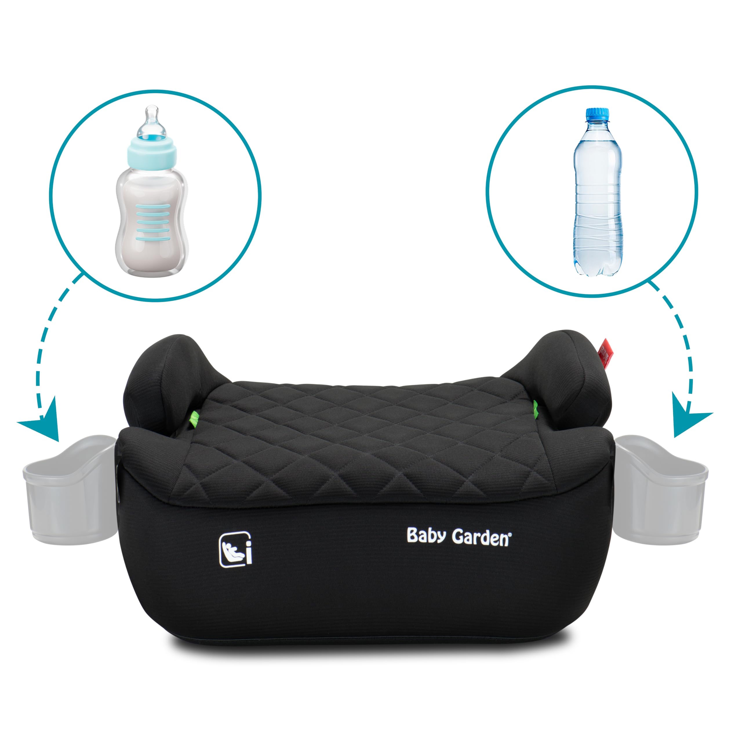 Baby Garden Rehausseur de voiture Isofix - I-Size - Siège auto - Certifié UE - Premium Comfort - ISOFIX réglable - Porte-gobelet et ceinture inclus - Design néerlandais (noir)