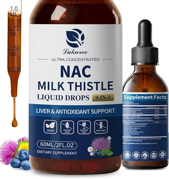 Lukaree Liposomal NAC Supplement N-Acetyl-L-Cysteine 600mg with Milk Thistle - NAC Amino Acid Drops w/Selenium for Liver & Kidney Support*, Lung, Antioxidants & Immune Support*- Vegan, Non-GMO- 2oz