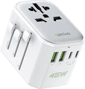 Adaptador de viaje europeo EPICKA Pulse de 45 W, adaptador de corriente universal con carga rápida PD, 5 puertos (1 CA/2 USB-A/2 USB-C), adaptador de carga internacional para Europa, Japón -
