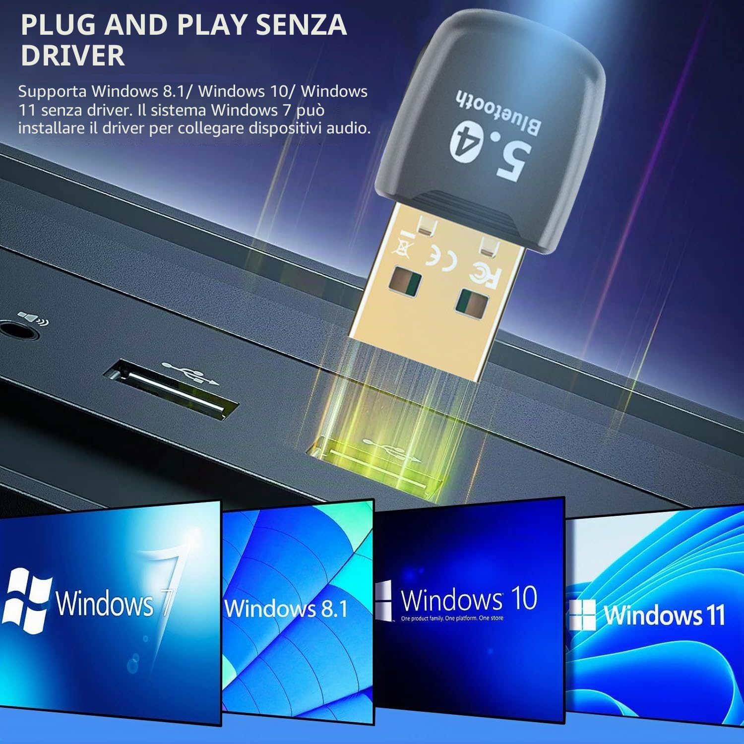 Adattatore Bluetooth 5.4 USB per PC, chiavetta USB Bluetooth 5.4 Dongle EDR per Laptop Desktop Computer, supporta Windows 11/10/8.1/7