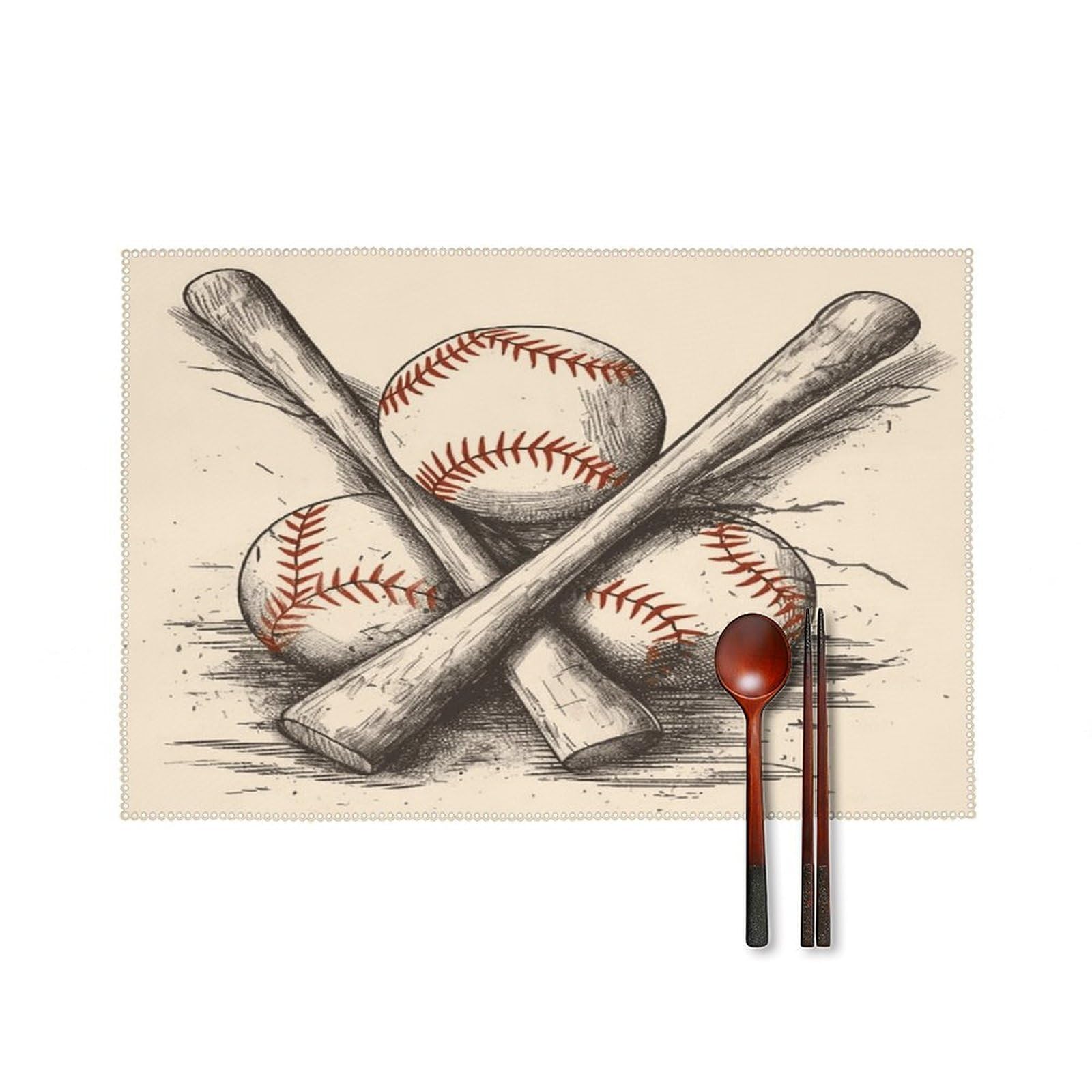 Hand Drawn Baseball Bats and Ball Placemats Set of 4 Heat Resistant Non-Slip Place Mats for Dining Table Washable Placemat Wipeable Dining Table Mat Canvas Place Mats Dining Table Decor