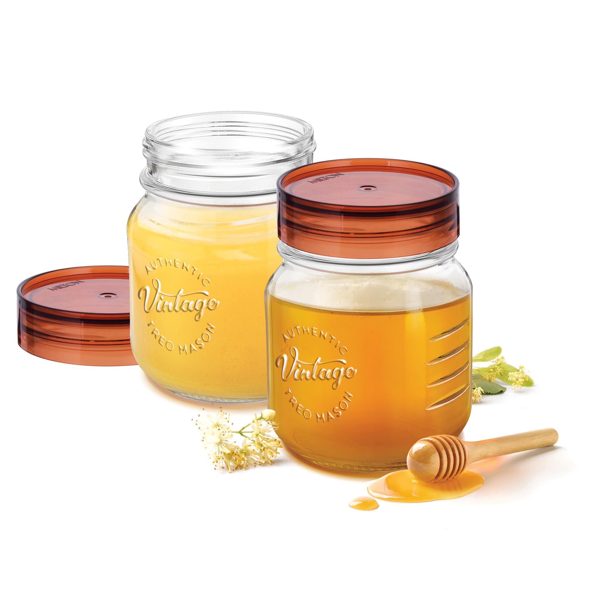 Treo By Milton Vintage Glass Jar With Plastic Lid, set of 2, 500 ml, Transparent |Storage Jar | Kitchen Organiser | Modular |Food Safe | Transparent | Refrigerator Safe | Air Tight