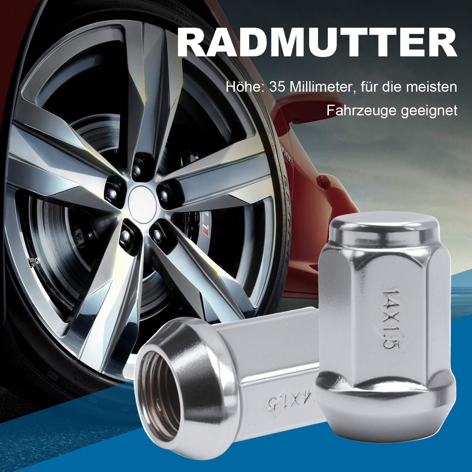 20 Pcs Höhe 35 mm Radmuttern M14x1.5 Kegelbund, Edelstahl, für Chrysler 300C, Ford S Max, Galaxy