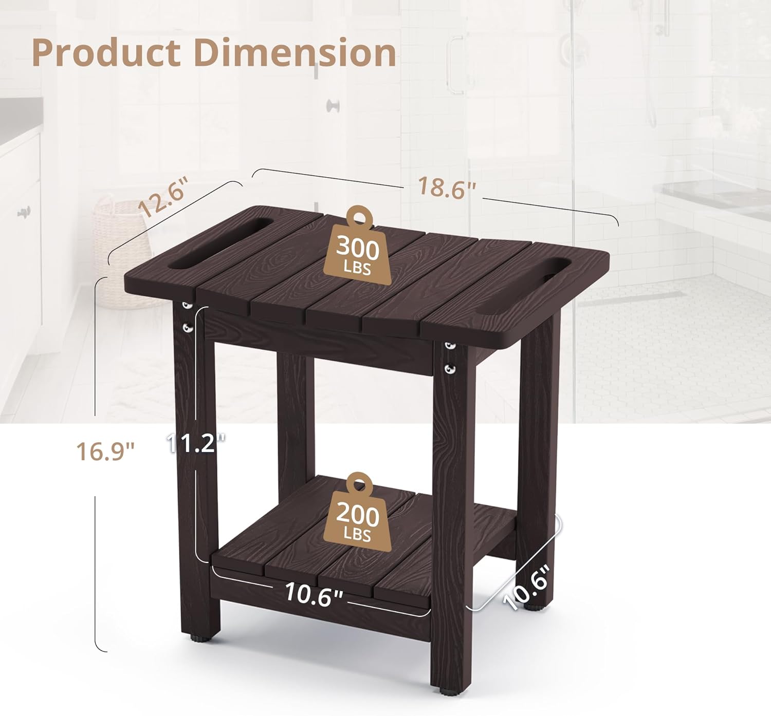 LUE BONA Shower Bench Stool, HDPS Shower Benches for Inside Shower with Shelf, Waterproof Shower Chair Foot Stool for Spa Bathroom, Weather Resistant/Non-Slip/Handles/Indoor or Outdoor Use, Espresso