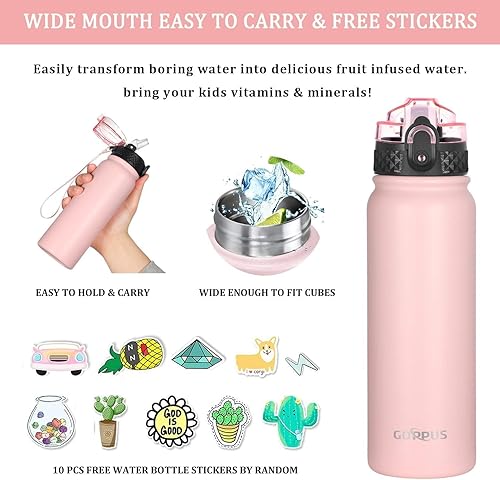 Miniatura 4 de GOPPUS Botella de agua para niños con boquilla de pajilla, tapa de boca ancha, de 20 onzas, doble pared, aislamiento de metal, botellas de agua de