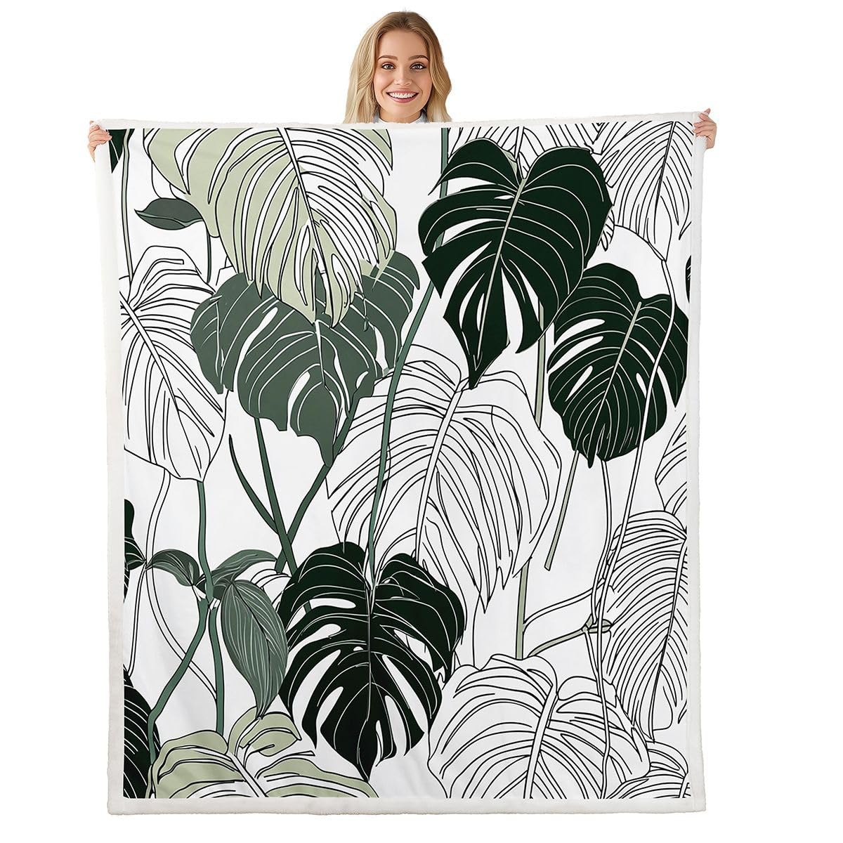 Erosebridal Palm Leaf Throw Blanket Monstera Bed Blanket Tropical Leaves Branch Sherpa Blanket Hawaiian Hippie Botanical Fuzzy Blanket for Kids Adult,
