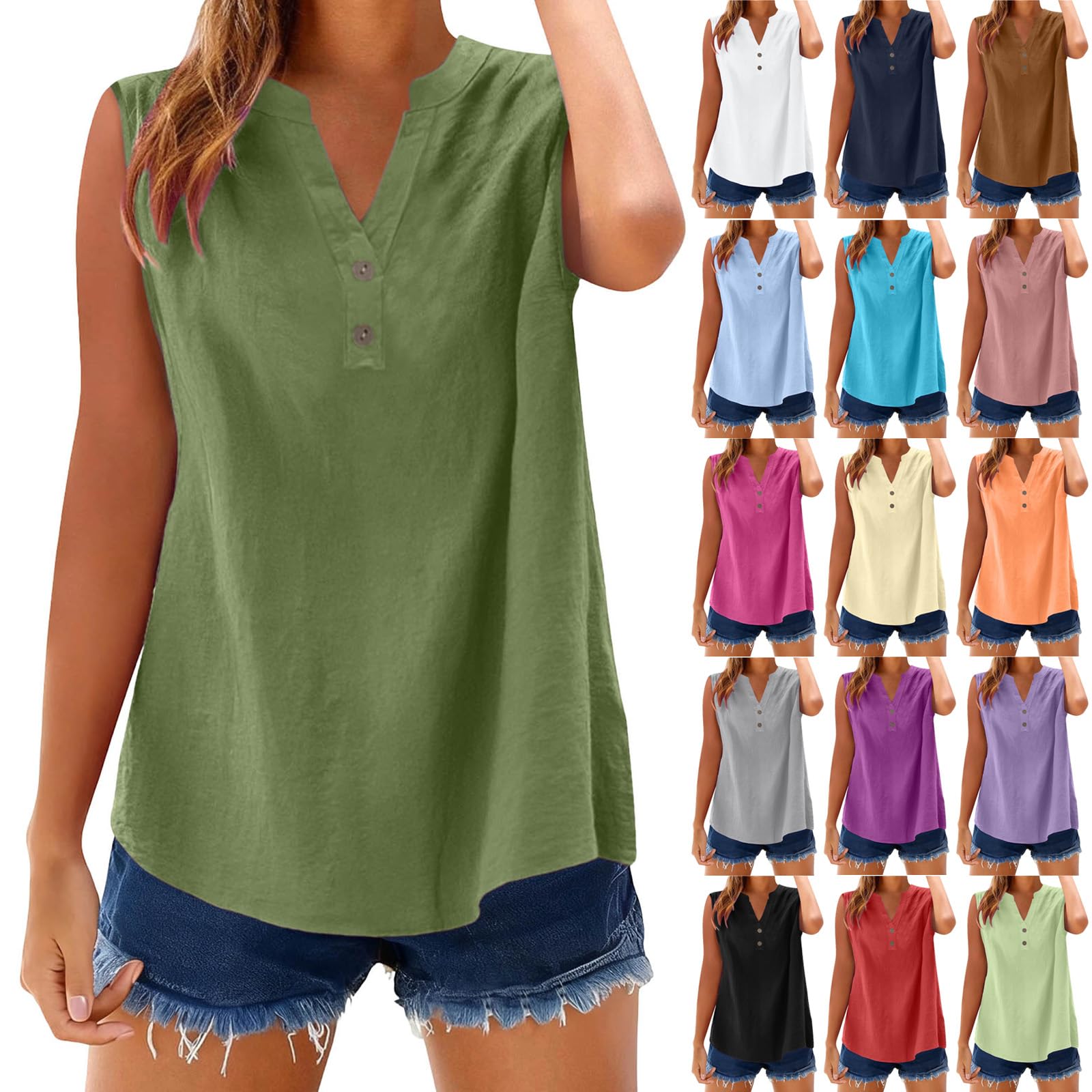 Linen Tank Tops for Women Casual Summer Loose Fit Lightweight V Neck Button Down Tank Tops Beach Vacation