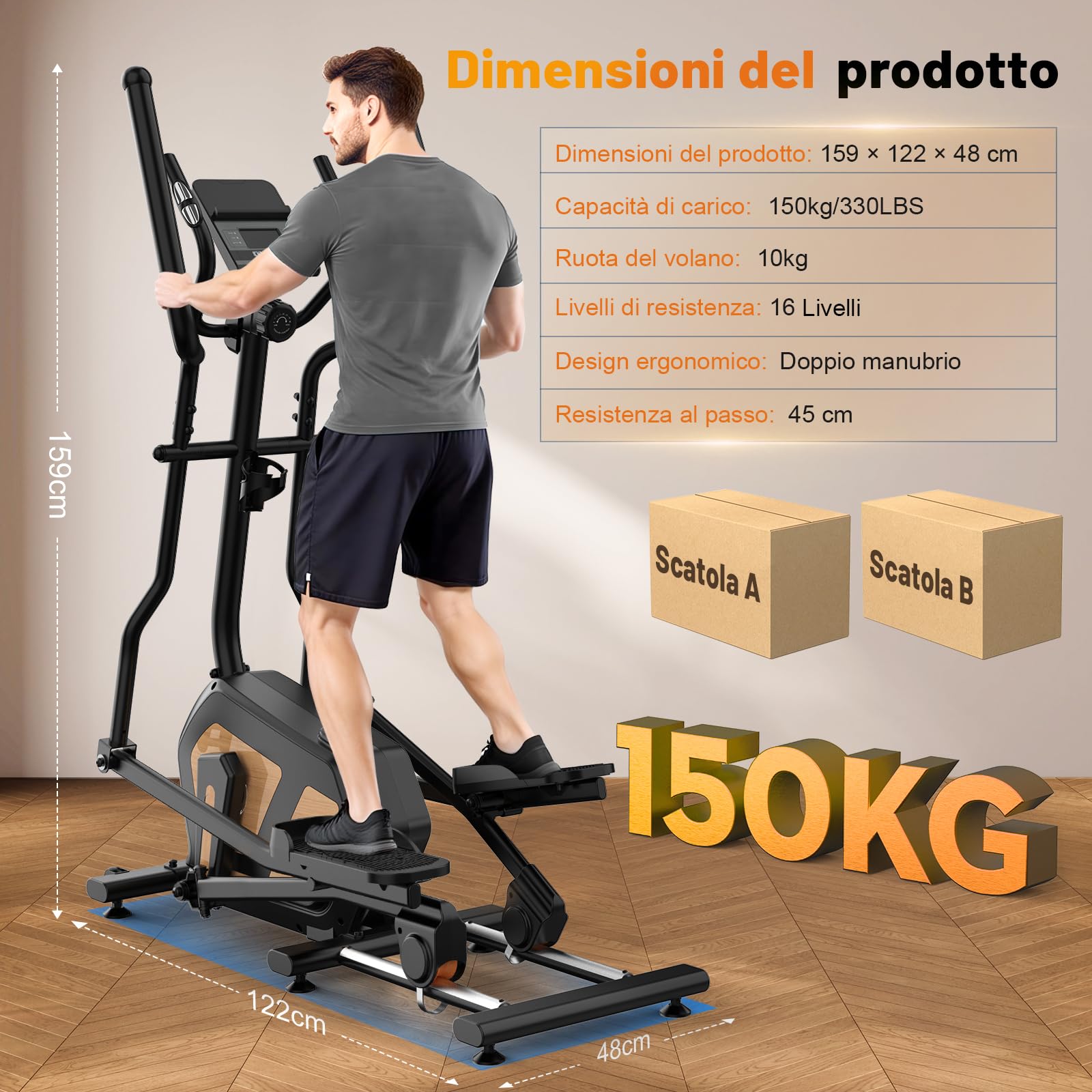 Ellittica da Casa, Ellittiche Ultra Silenzioso Resistenza Magnetica 16 Livelli, Macchina Ellittica con Volano 10kg, Passo di 45cm, App Proprietaria Monitor LCD, Capacità di Carico 150kg