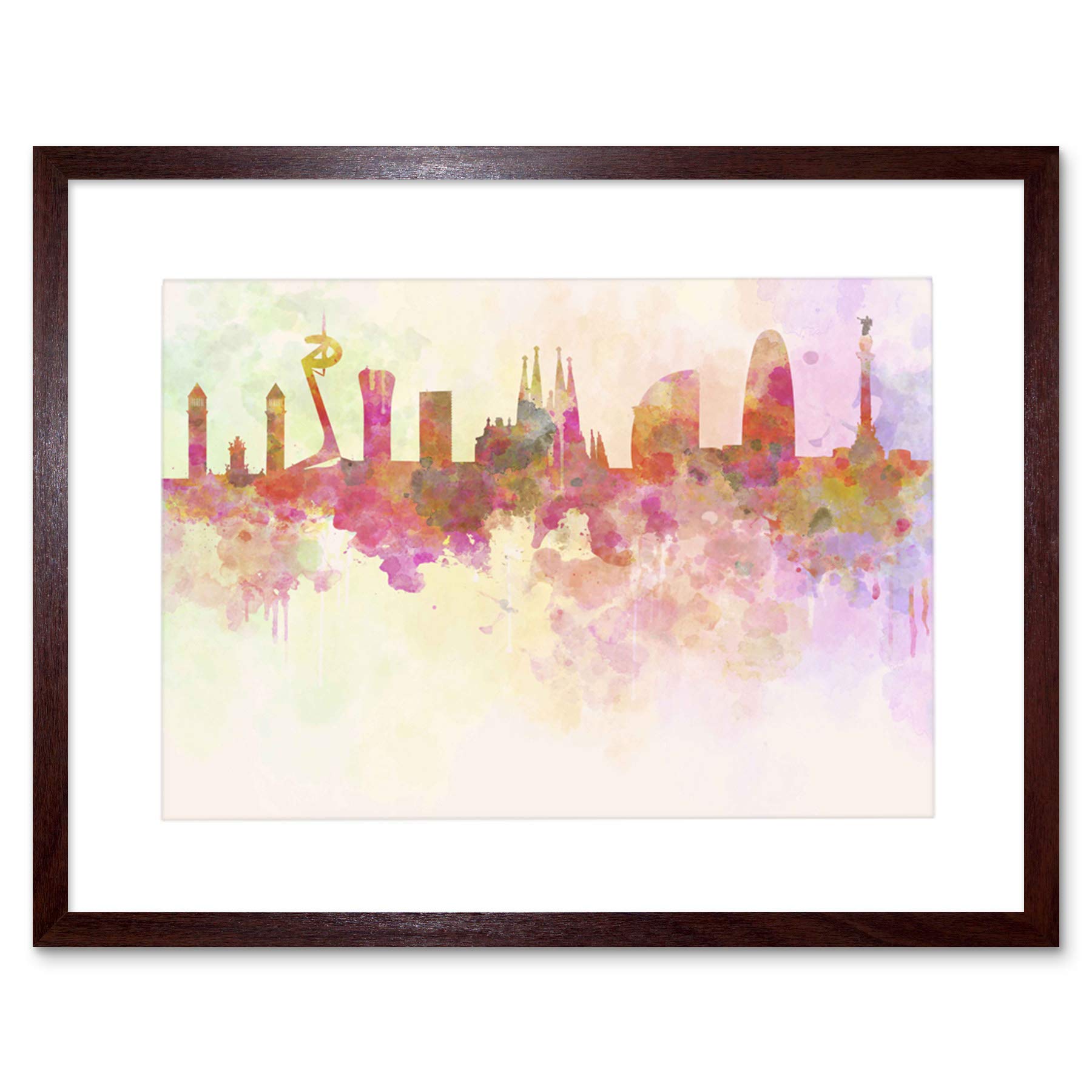Wee Blue Coo Cityscape Barcelona Spain Paint Splash Skyline Picture Framed Wall Art Print