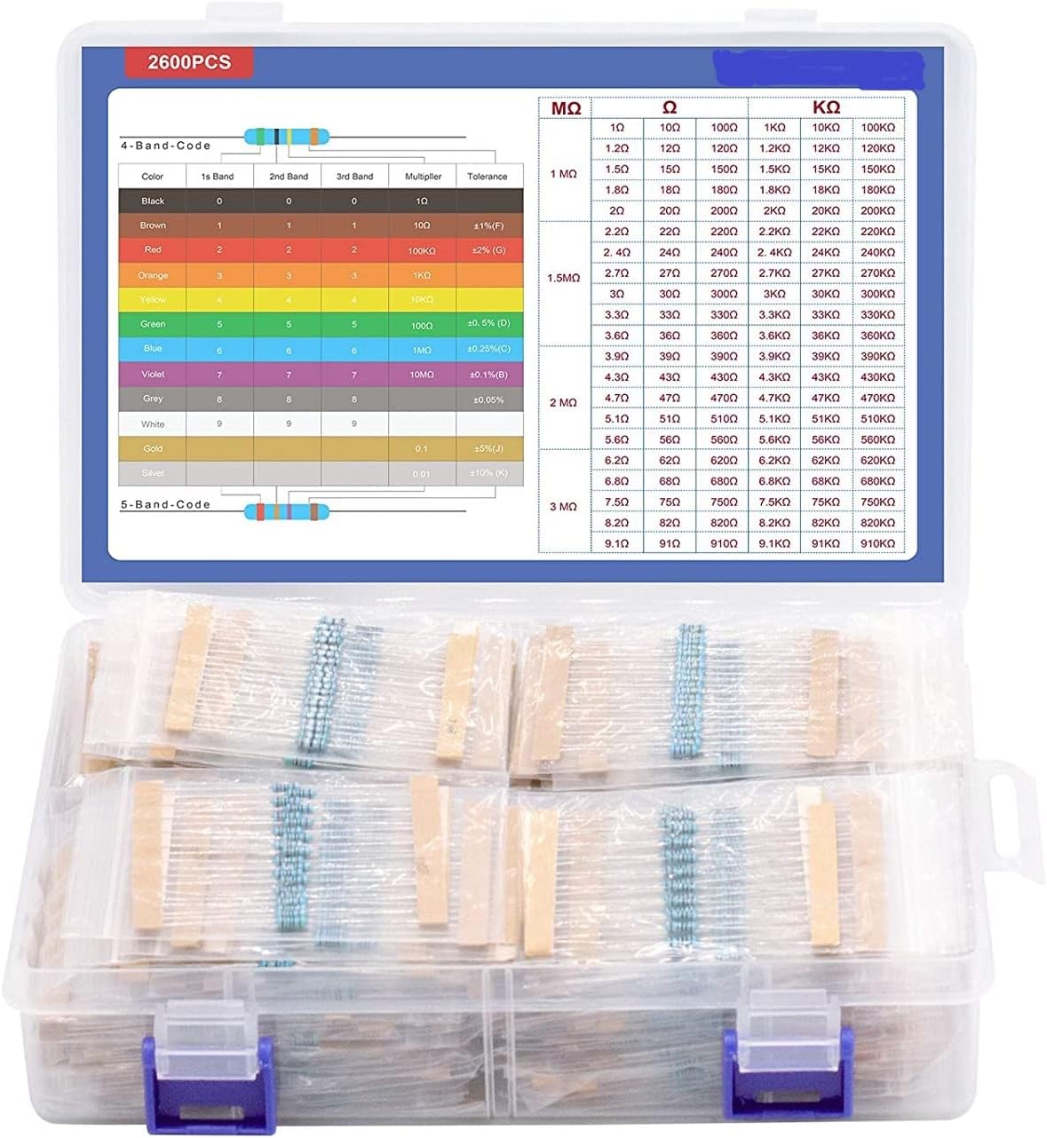 ARCELI2600 Pieces 130 Values Resistor Kit, 1% Assorted Resistors 1 Ohm-3M Ohm 1/4W Metal Film Resistors Assortment with Storage Box for DIY Projects and Experiments