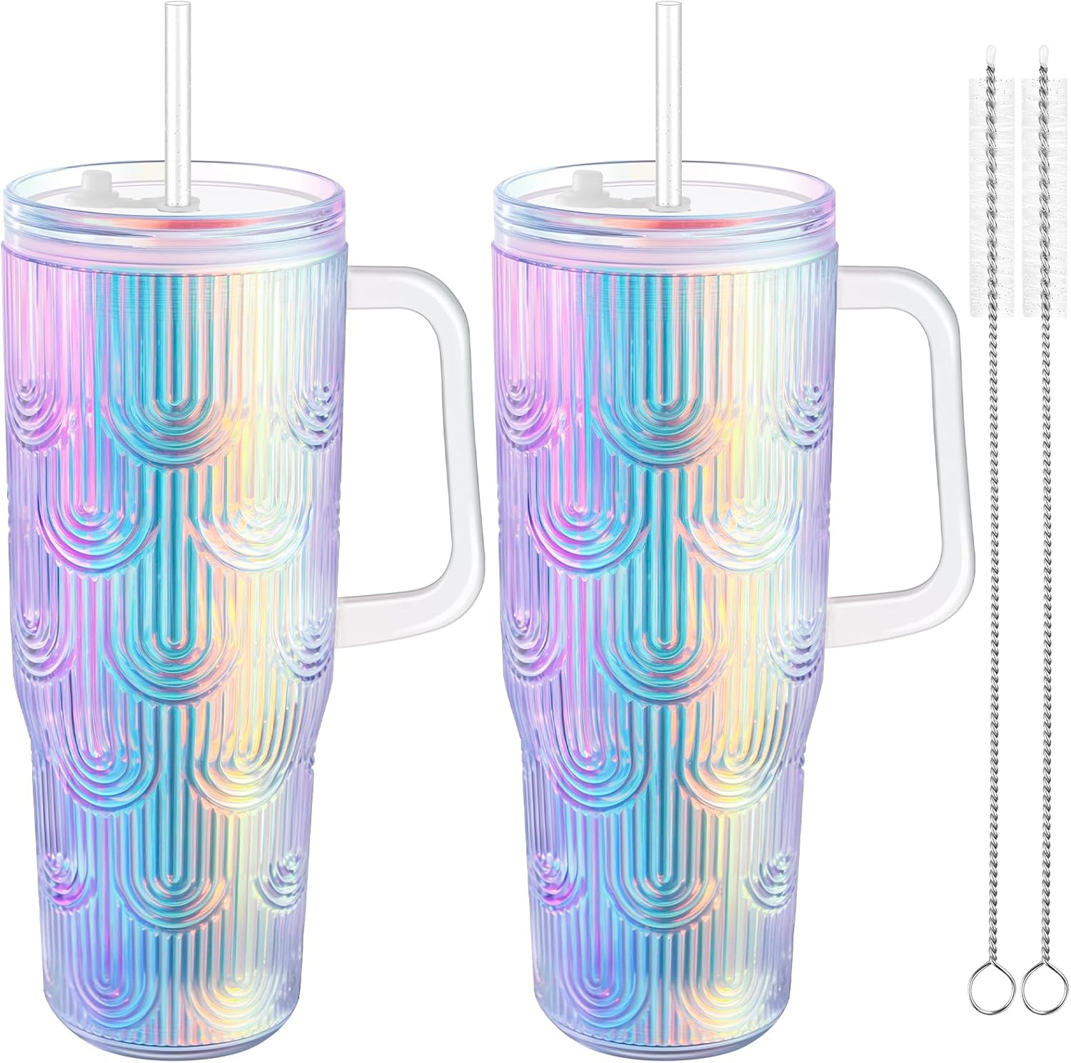NiHome 2PCS 32oz Plastic Tumblers with Lids & Straws, Double-Wall Insulated Cups with Leak-Proof Screw-On Lids, Travel Mugs for Cold Drinks, Iced Coffee, Water, School, Office, On-the-Go (Iridescent)