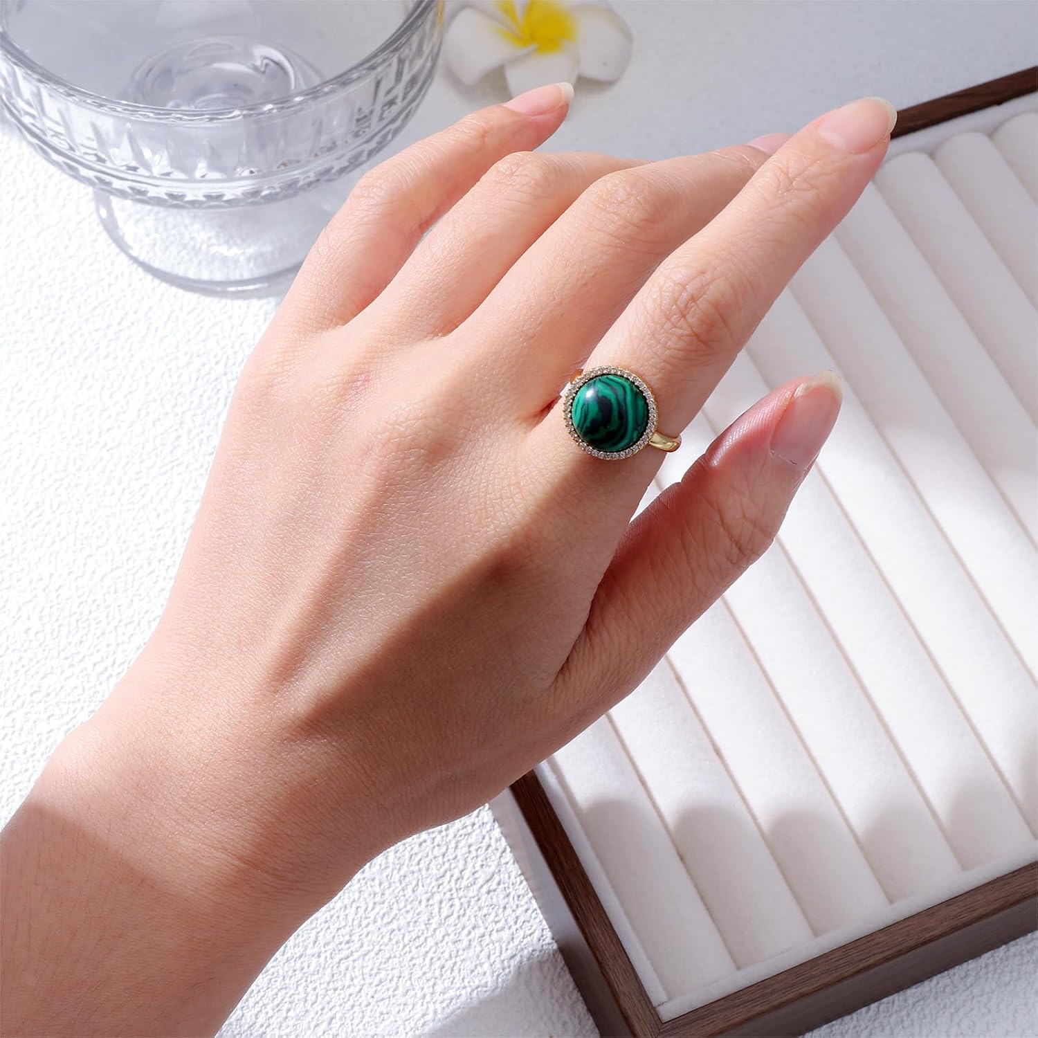 Malachite Ring for Women 18K Gold Plated Round Halo Rings Malachite Jewelry Size 5-7.5