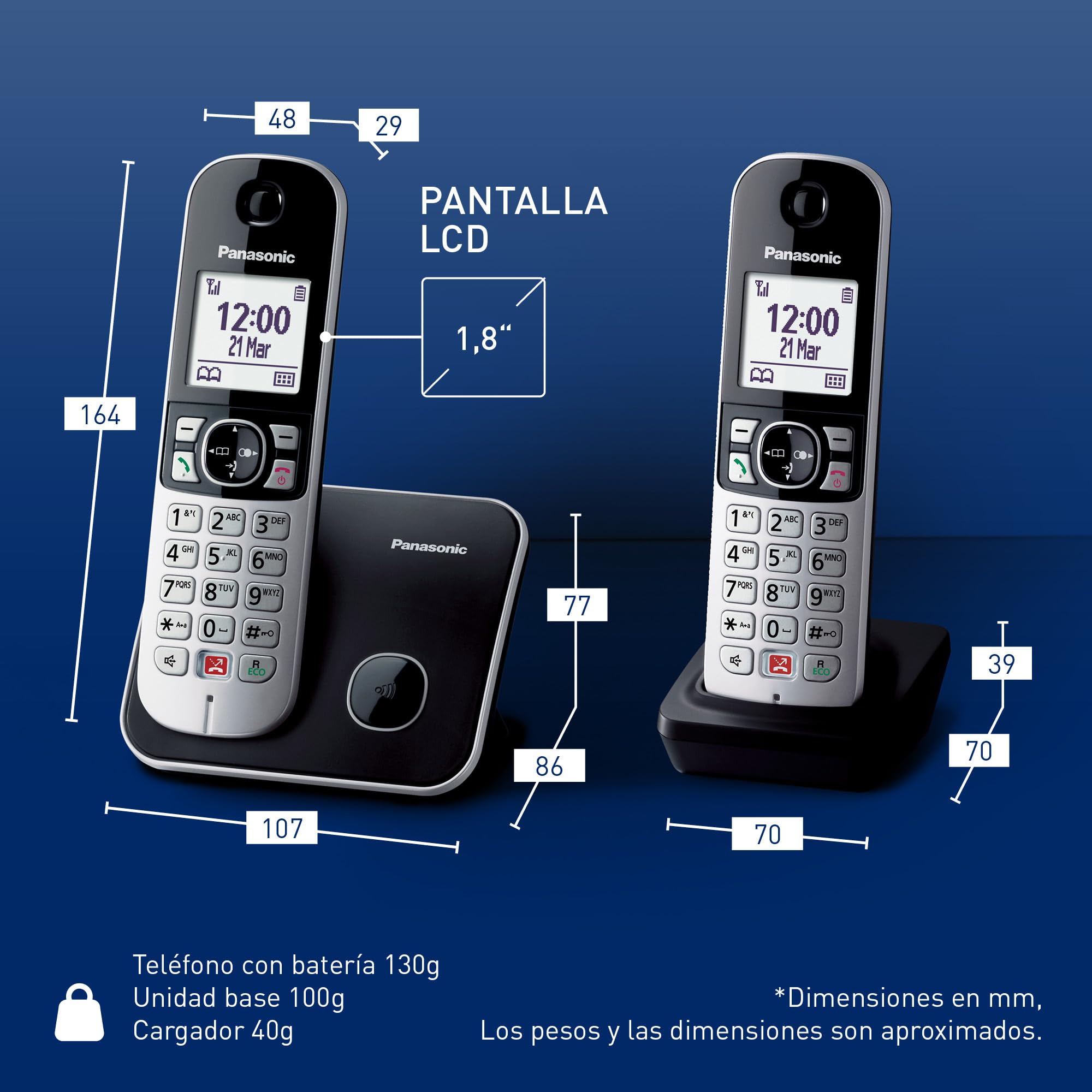 Panasonic KX-TG6852 Teléfono Fijo Inalámbrico Dúo con Manos Libres (Monitor de Bebes, Bloqueador de Llamadas, Modo No Molestar, Baja Radiación, Modo Eco) Plateado