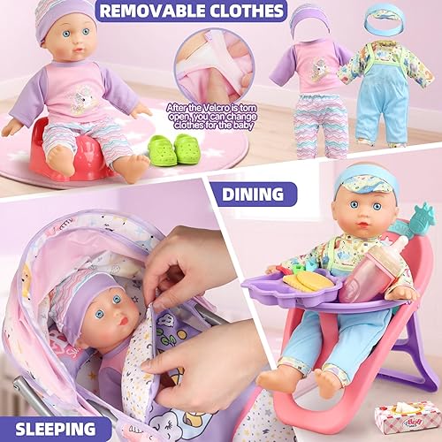 Miniatura 4 de Juego de cochecito de bebé para niñas de 3-5, 4, 6, 5 a 7 años, para jugar a juegos de casa. Juguete de cochecito con muñeca de bebé de 12.5