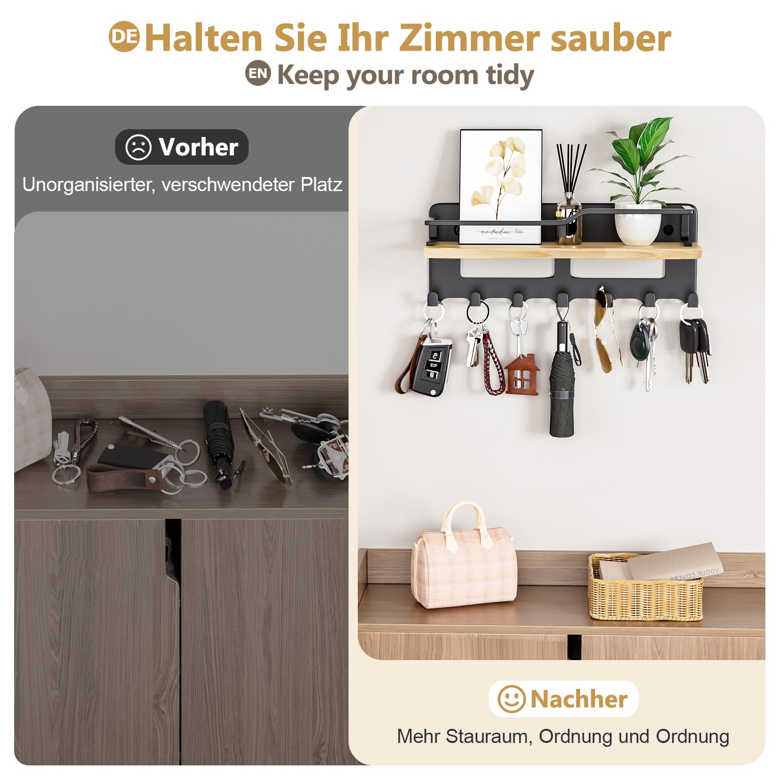 Yorbay Schlüsselbrett mit Ablage aus Holz: Multifunktionales Schlüsselboard für die Wand mit 7 Haken – Platzsparender Schlüsselhalter für Eingang, Flur, Schlafzimmer, Wohnzimmer
