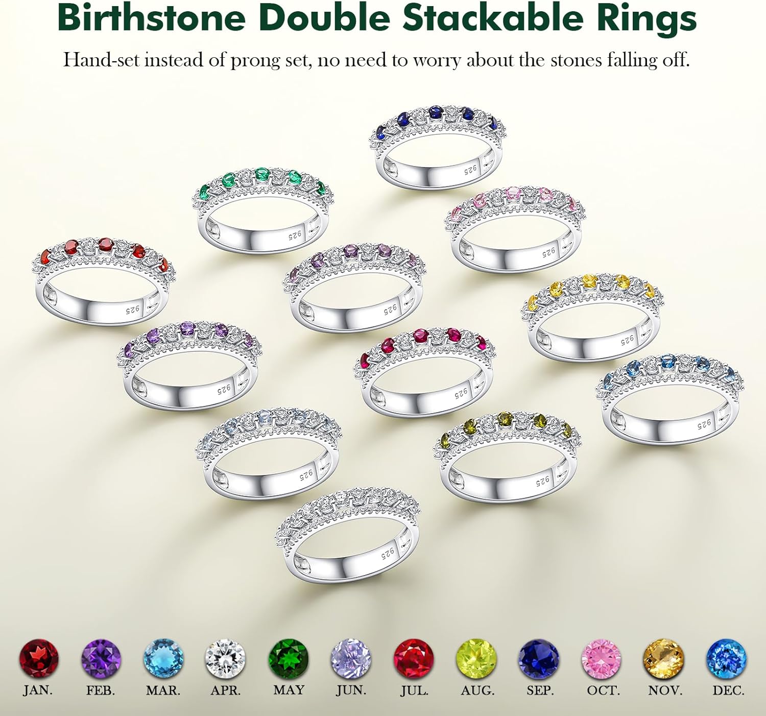 Women's Half Eternity Band 5mm Thick Double Band Ring Sterling Silver Gemstone Diamond Anniversary Ring Stackable Birthstone Rings Size 6-10 (with Gift Box) - Image 4