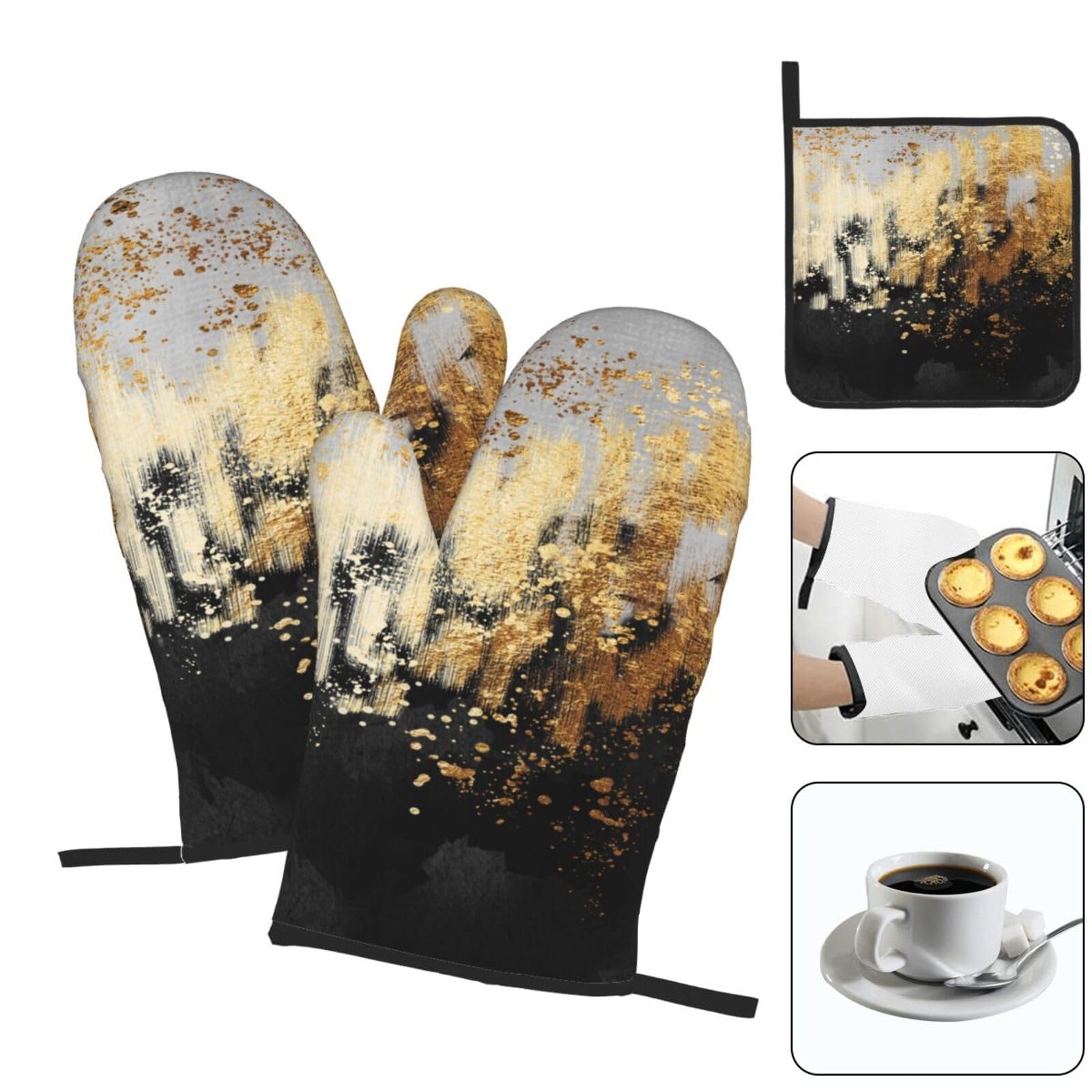 Ofenhandschuh und Topflappen, abstrakte Kunst, 3er-Set, hitzebeständige Küchenhandschuhe zum Kochen, Backen, Grillen, Urlaub, Küchendekoration